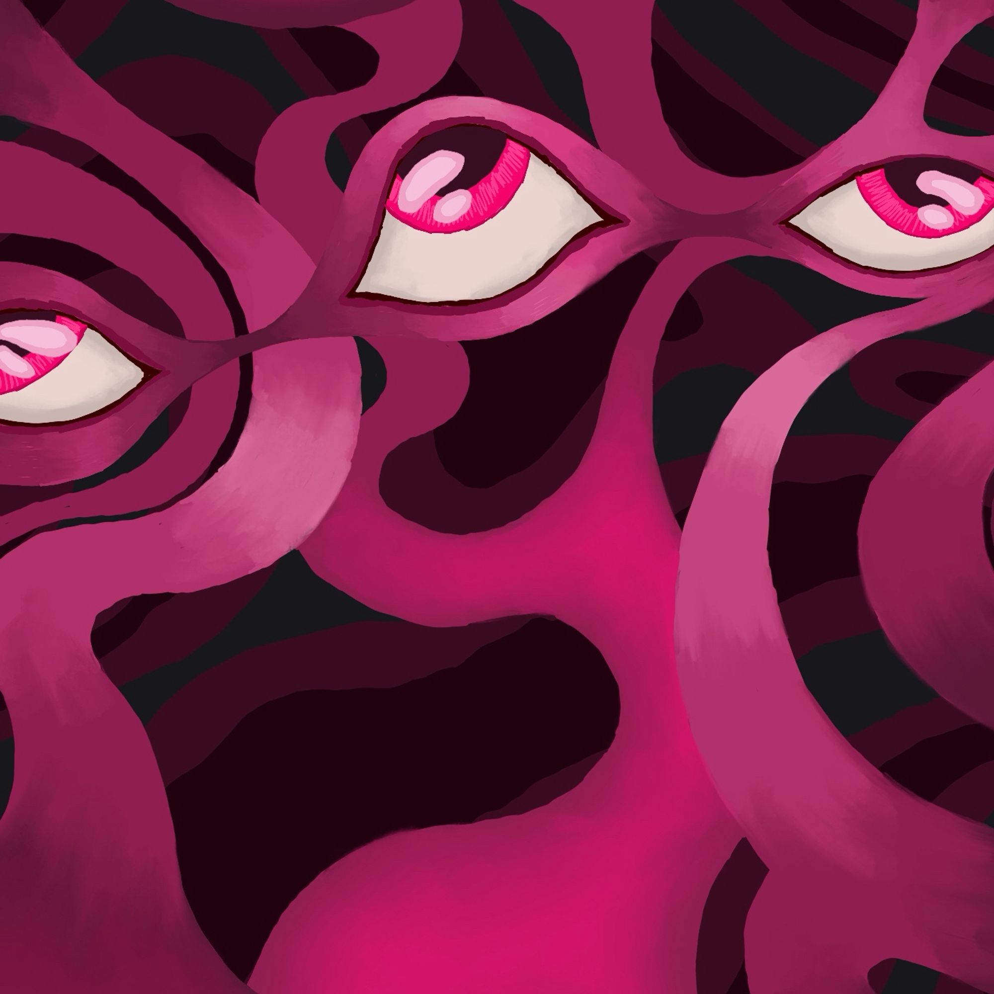 album cover by Magnus Petrozzini. deep hues of red, magenta, and pink form interconnected tendrils. three eyes look in different directions.