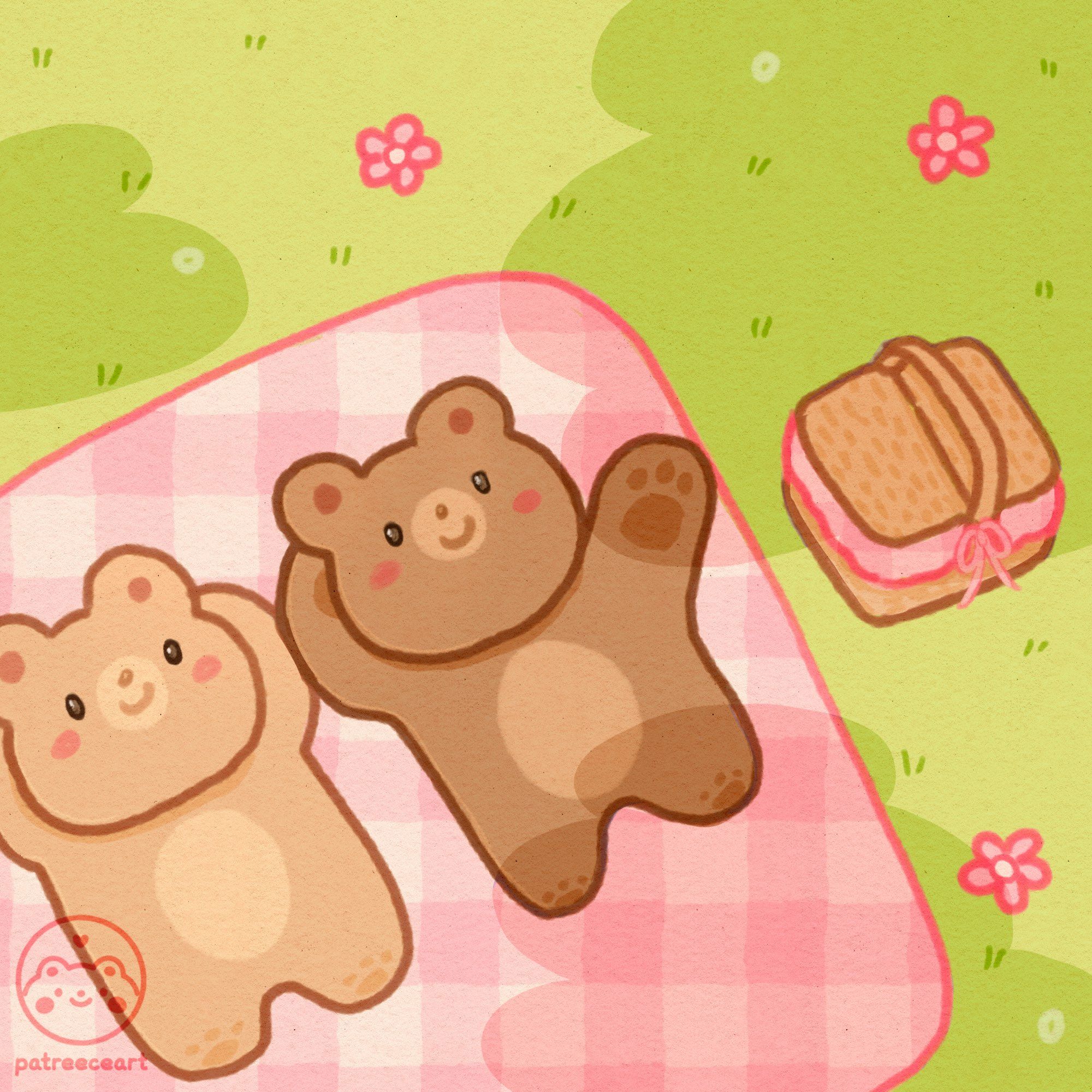 Two bears laying on a pink gingham picnic blanket. There is a picnic basket to the side of them on the lush green grass, and pink flowers scatter through the blades. The bears are pointing up to the sky, cloud watching to pass the time. One is tan brown and the other is chestnut brown. Their cheeks are blushing, and their smiles are bright! Illustration by patreece art