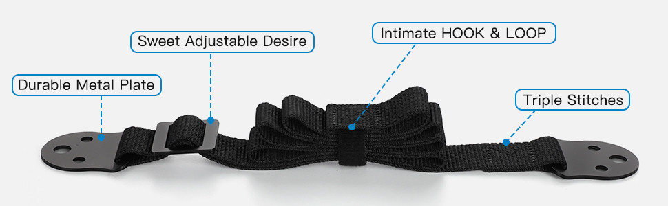 Picture of a black furniture anti-tipping strap with different elements marked as "durable metal plate," "sweet adjustable desire," "intimate hook & loop," and "triple stitches."