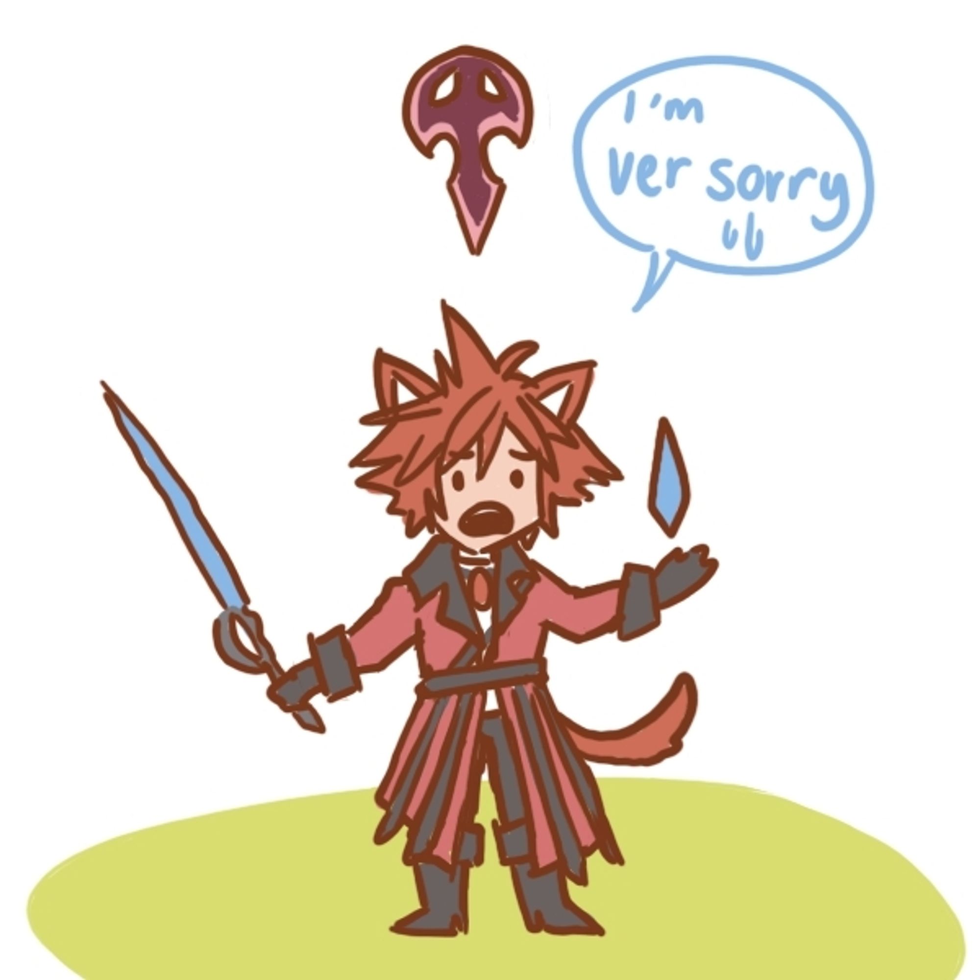 A hastily-drawn (15 minute) colored digital sketch of a red-haired male Miqo'te Red Mage player character from Final Fantasy XIV, brandishing his rapier and crystal. He has a red damage indicator above his head, and a chartreuse AoE circle beneath his feet. Above his head is a speech bubble that says "I'm versorry". He looks distressed.