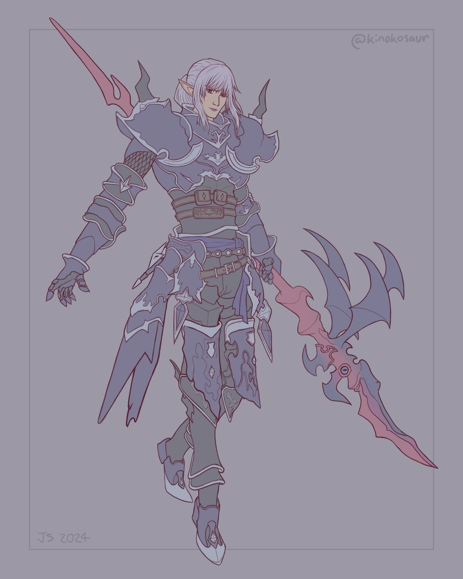 A digital ink drawing with flat, muted colors of Estinien from Final Fantasy XIV. He stands balanced on one foot holding his lance out as counterweight. He is wearing his Azure Dragoon armor.