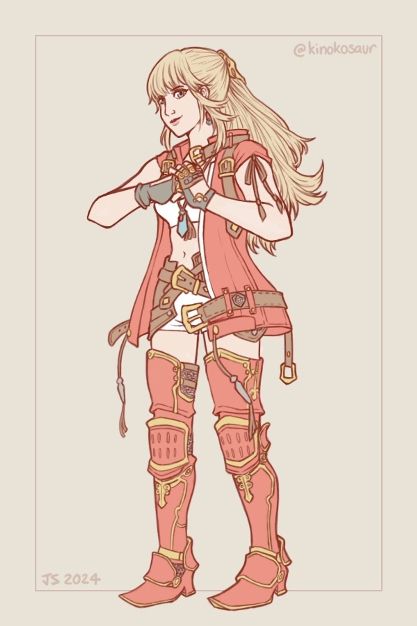 A digital ink drawing of Lyse from Final Fantasy XIV in her Liberator attire. She is standing upright, smiling, and punching her right first into her left hand.