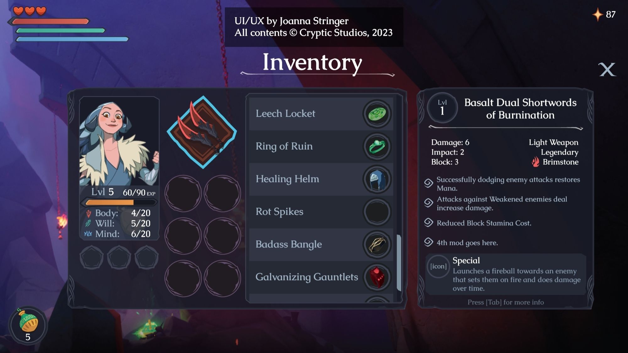 A mockup of an Inventory screen created for a cancelled / unrealized game built in Unreal Engine 5 at Cryptic Studios.