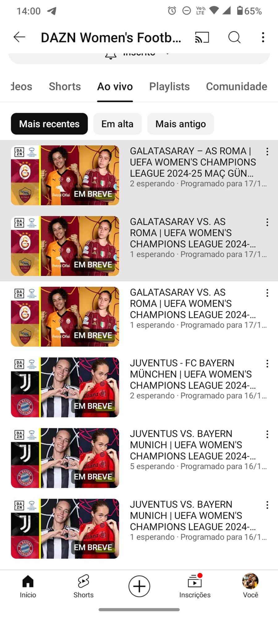 Print da seção de próximas lives do canal de YouTube do DAZN women's football. A imagem mostra que os jogos Galatasaray x Roma e Juventus X Bayern estarão disponíveis no canal em três idiomas cada partida.