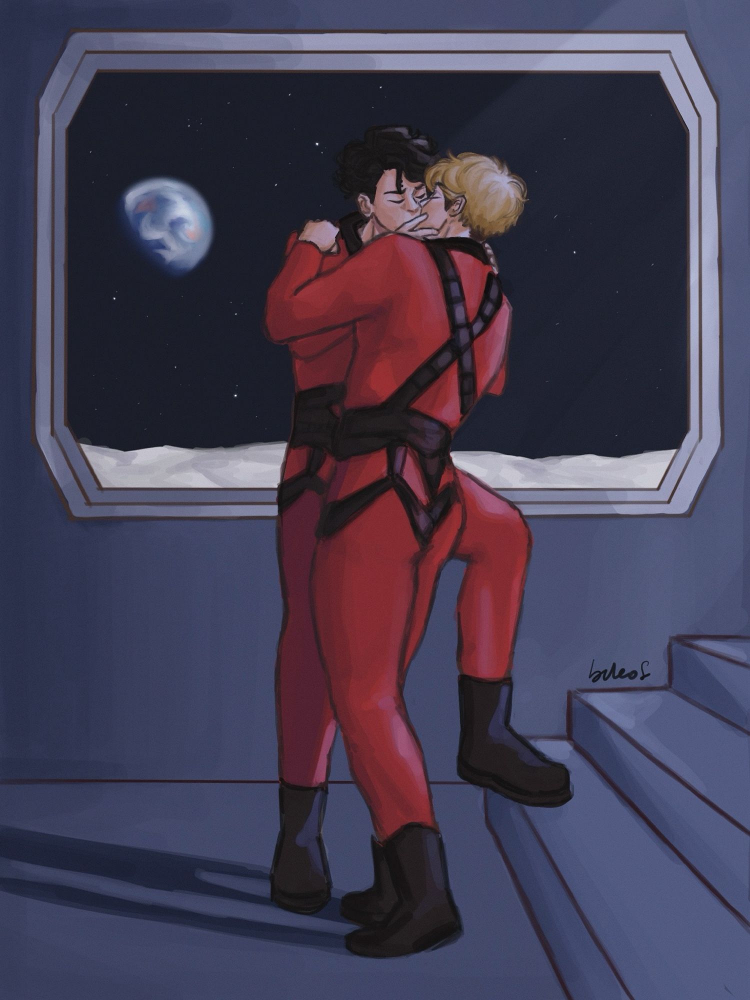 Both images represent a fanart of Miya Atsumu and Sakusa Kiyoomi from the fanfic “Play among the stars” by buttonstuck. They’re kissing in their spacesuit. The art is based on The Kiss by Italian painter Francesco Hayez.