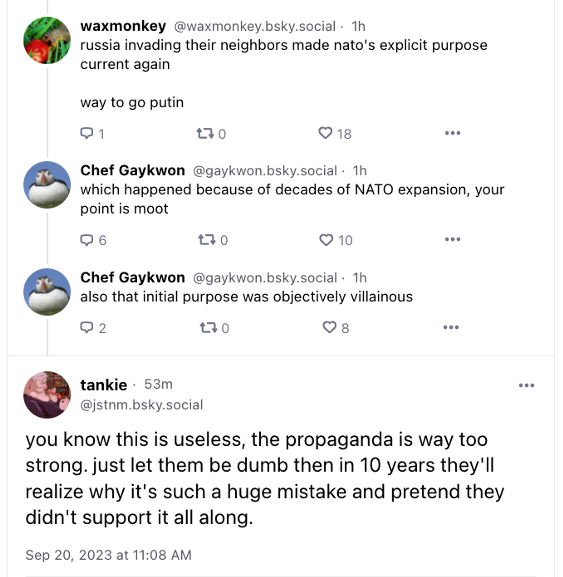 Screen capture of Chef Gaykwon complaining that Russia only invaded Ukraine because NATO expansion. Then Tankie joins in saying how any disagreement otherwise, is propaganda.