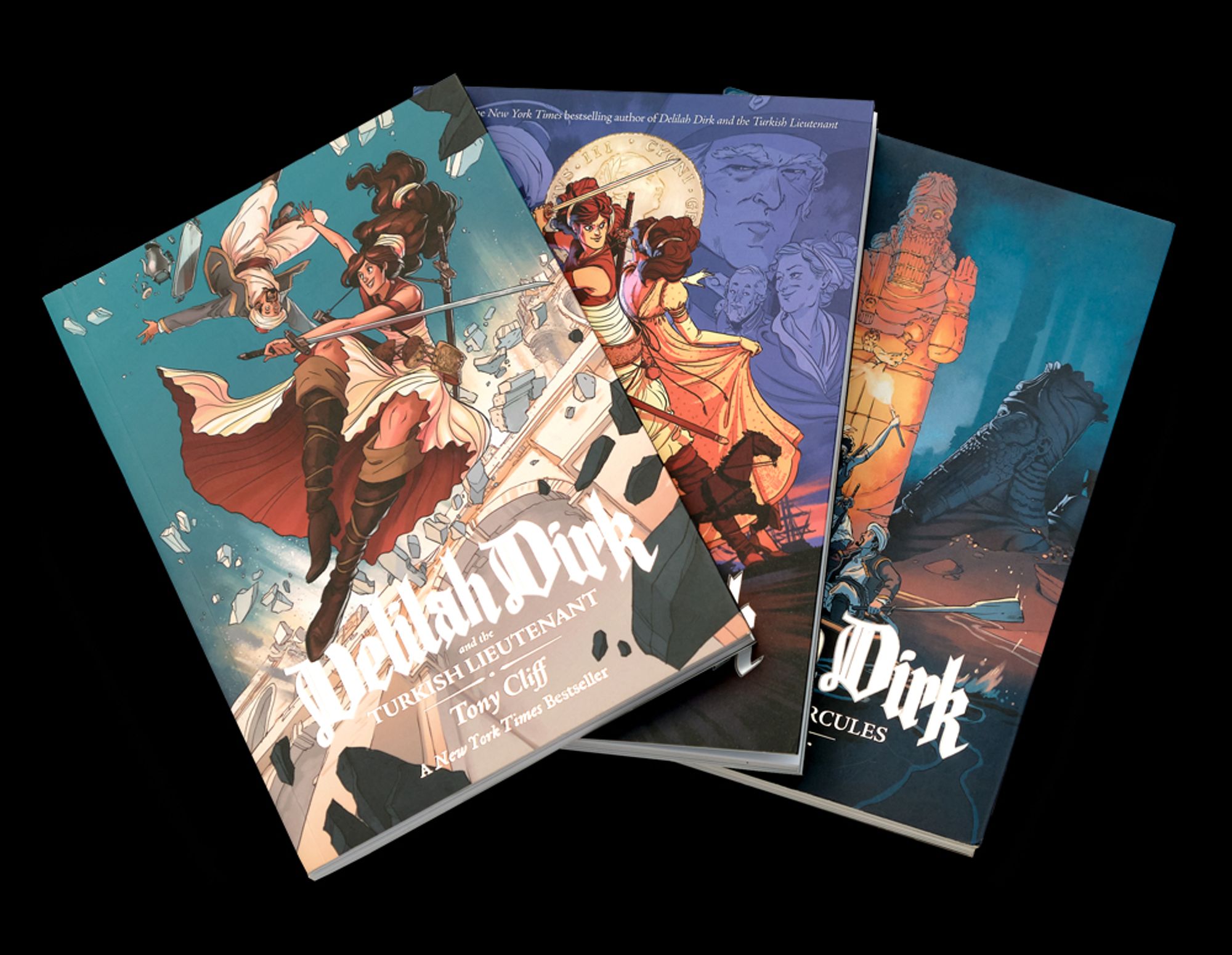 A photo of the three Delilah Dirk books: DD1 (THE TURKISH LIEUTENANT), DD2 (THE KING'S SHILLING), and DD3 (THE PILLARS OF HERCULES)