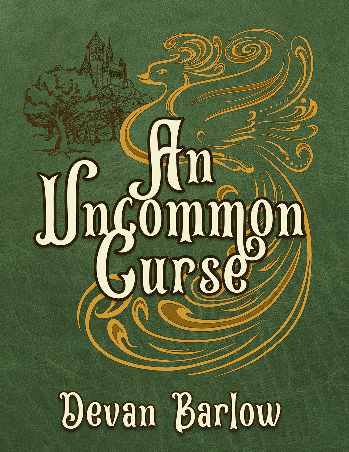 On a green background, black outlines of trees and a building, a golden bird, and the book's title and author.