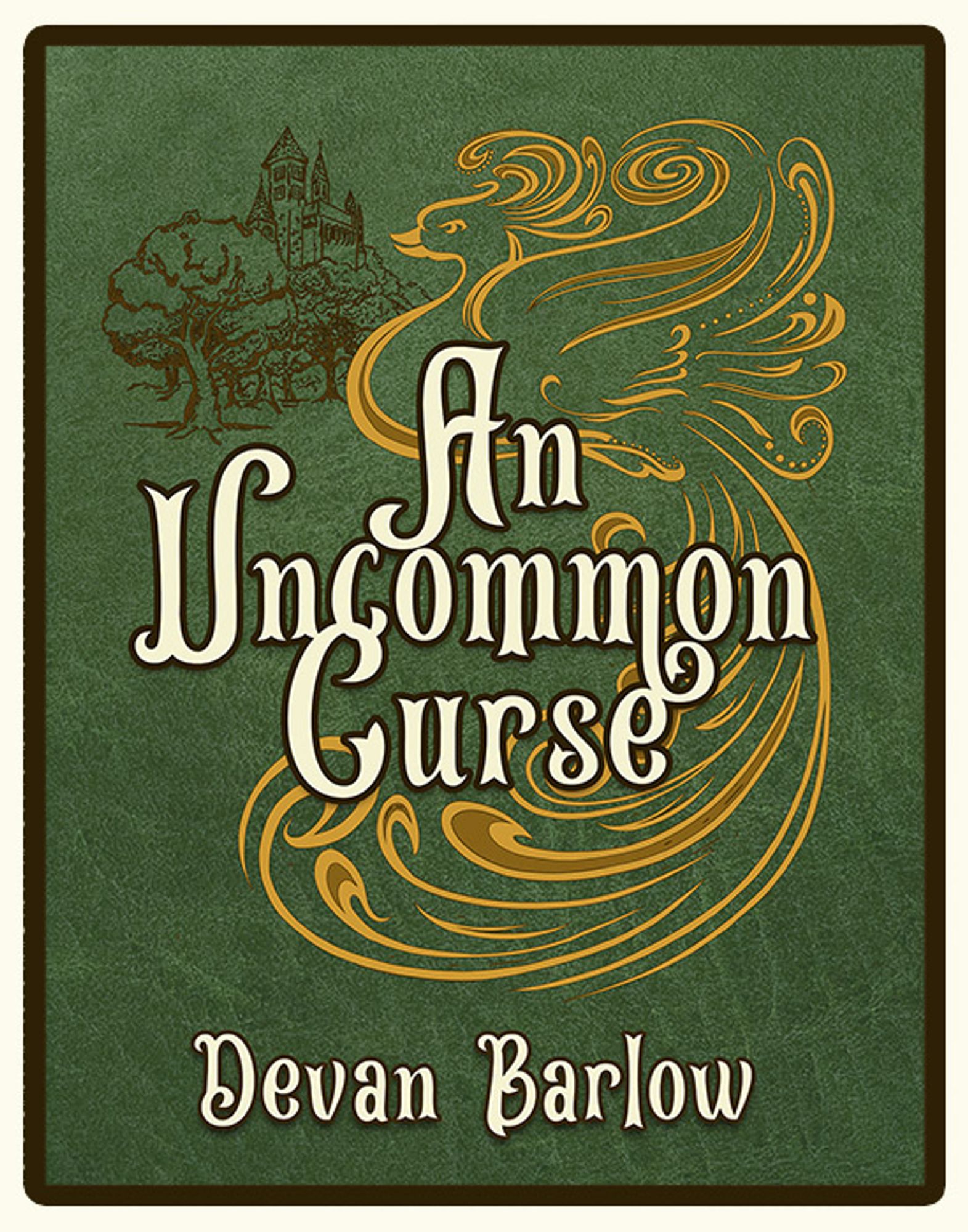 On a green background, black outlines of trees and a building, a golden bird, and the book's title and author.