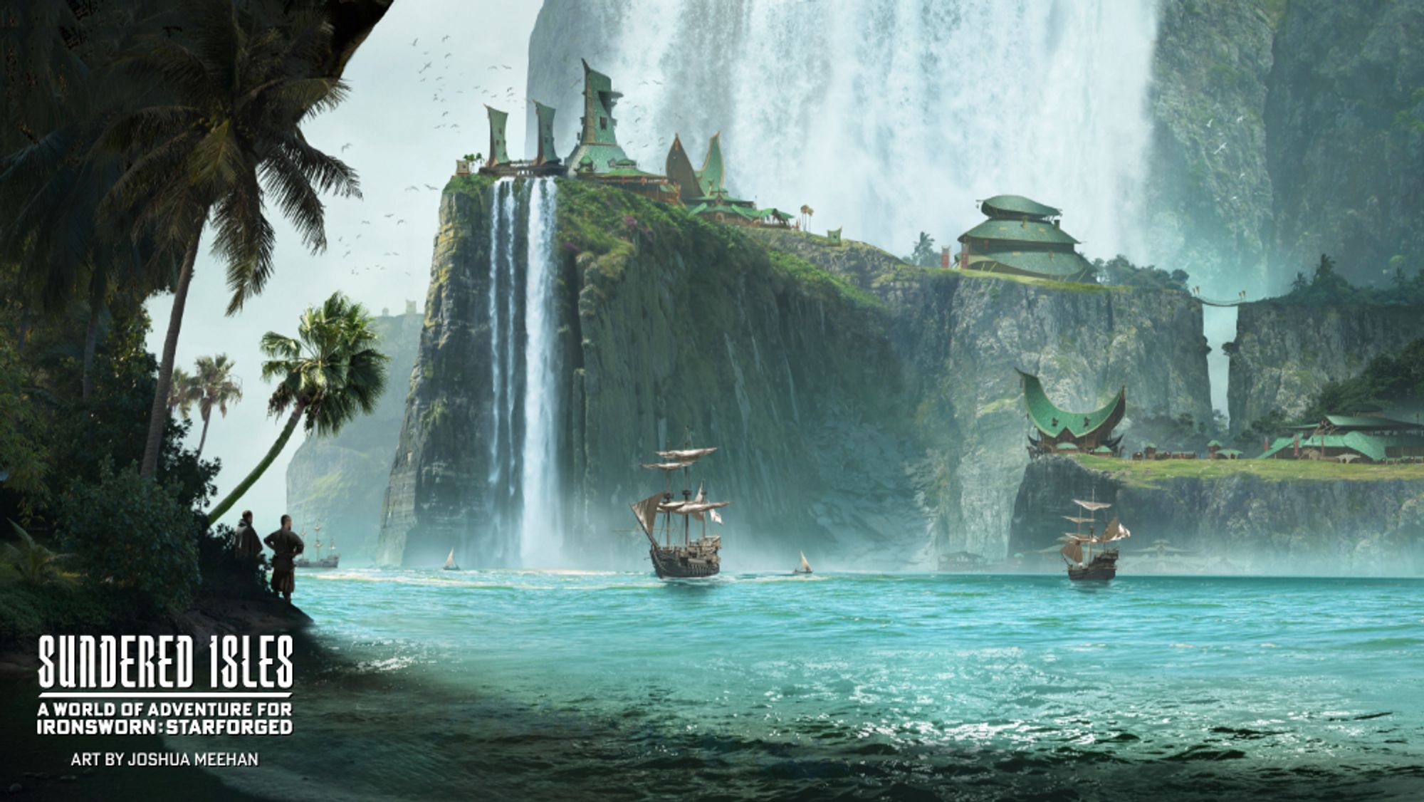 Gracefully designed buildings sit at the edge of a cliff, flanking a tall waterfall. In the background, an even larger waterfall sends up clouds of mist. In the foreground, ships cruise a turquoise bay and two characters study the settlement from a shadowed beach.