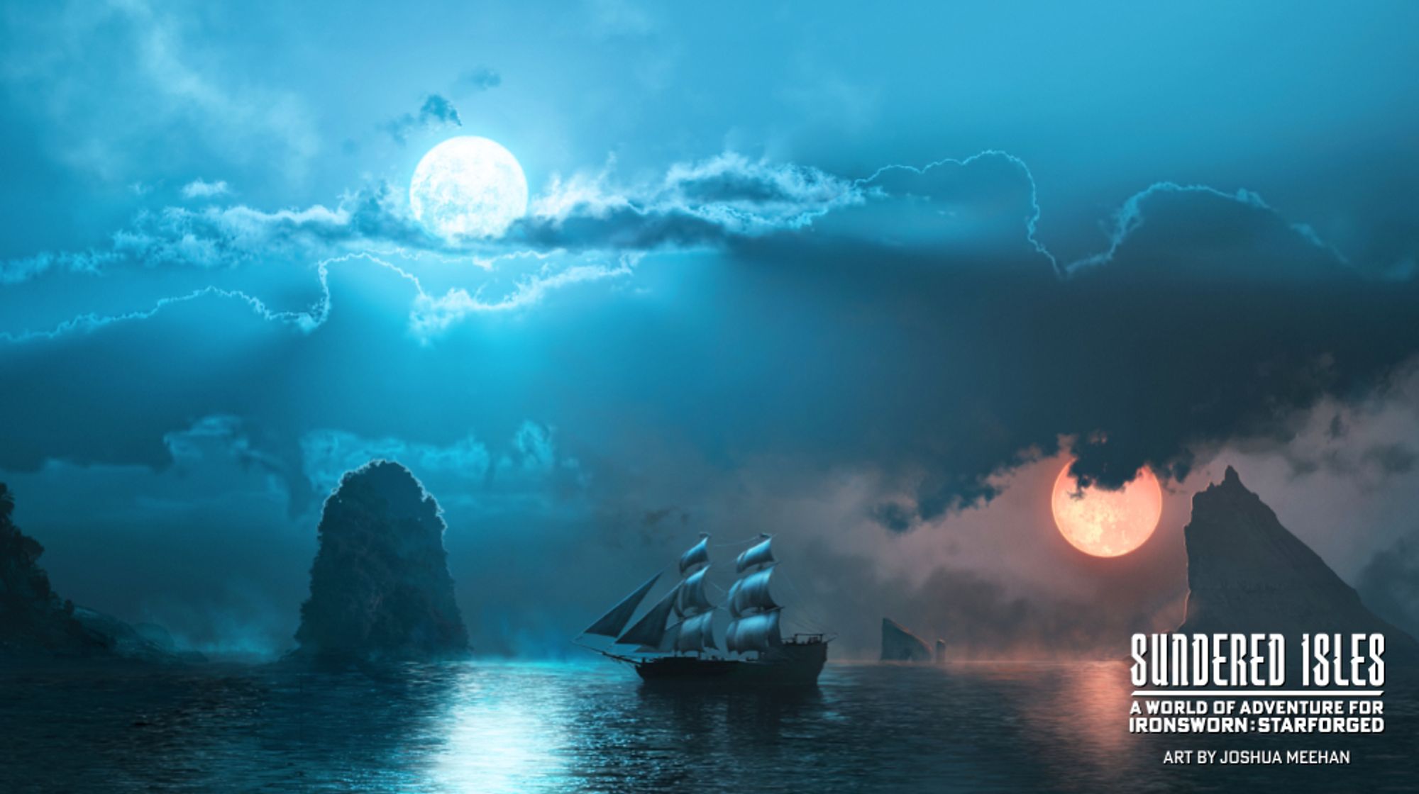 A ship sails at night over a tranquil sea. In the background, clouds part to reveal two full moons: one silver-blue, one a warm red.