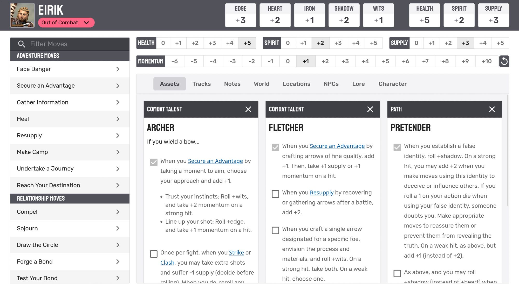 A screenshot of the Iron Fellowship web app, showing a character sheet with character assets.