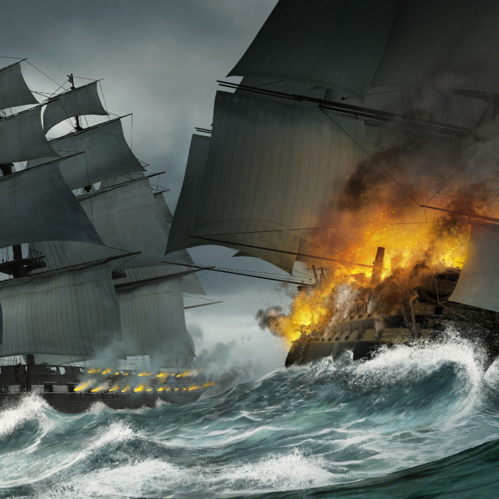 A sailing ship unleashes cannon fire on a storm-tossed sea.