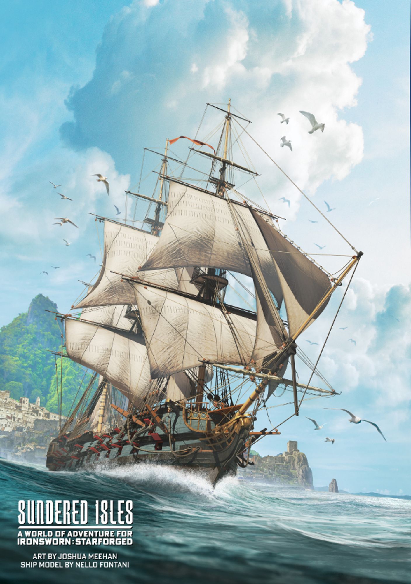 An illustration of a sailing ship, it's sails opening, heading out to sea. It is accompanied by a flock of gulls.