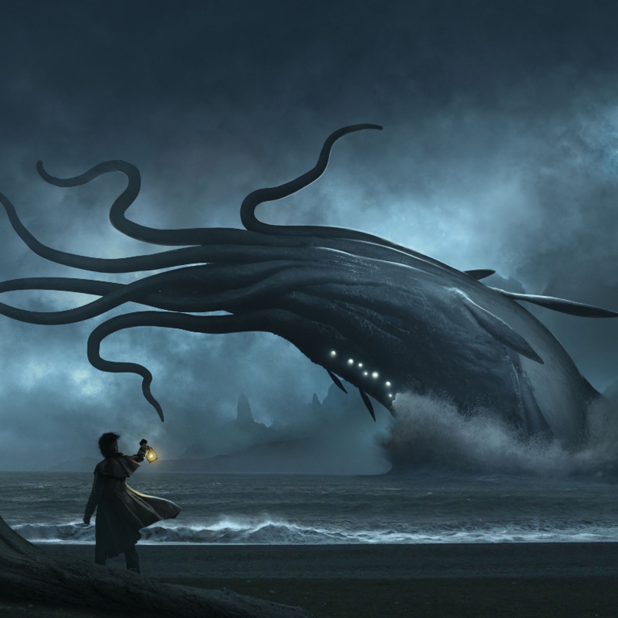 An illustration of a person on a beach with a raised lantern. In the distance, a titanic squid/whale creature breaches a dark ocean.