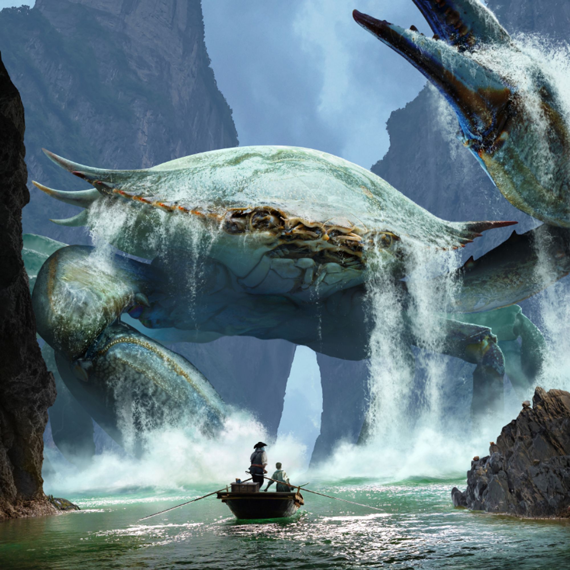 An illustration of a monstrous crab rising from a river or ocean channel. In the foreground, two characters navigate a rowboat that is dwarfed by the giant crustacean.