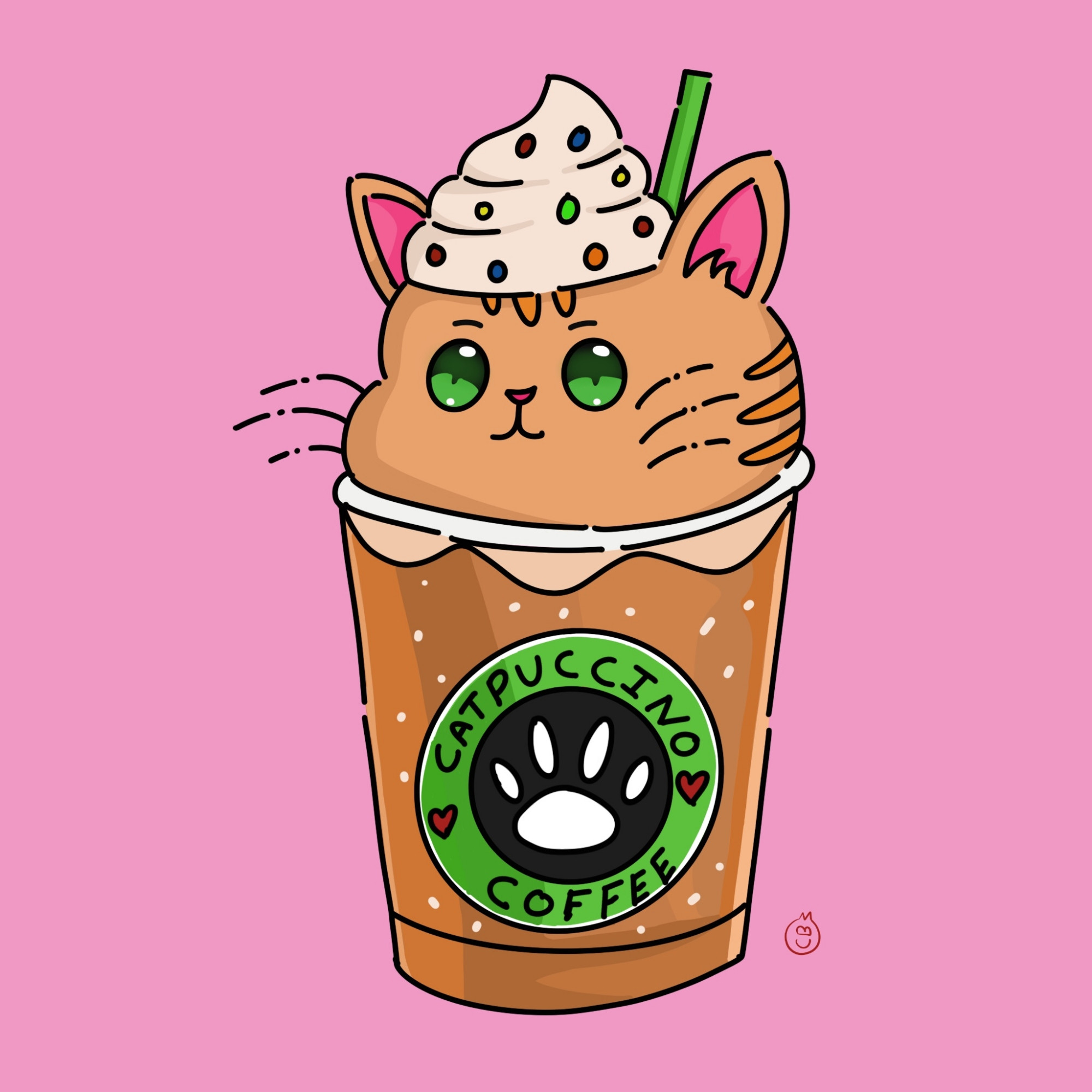 A cute cat inside of a coffee cup made to look like a catpuccino.