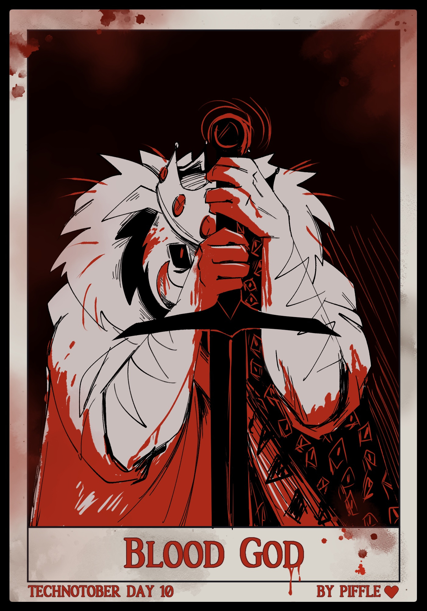 Boar Technoblade leans on a sword with bloody hands while staring straight forward. It’s a tarot card which says “blood god” “technotober day 10” and “by piffle” 2022 version. 