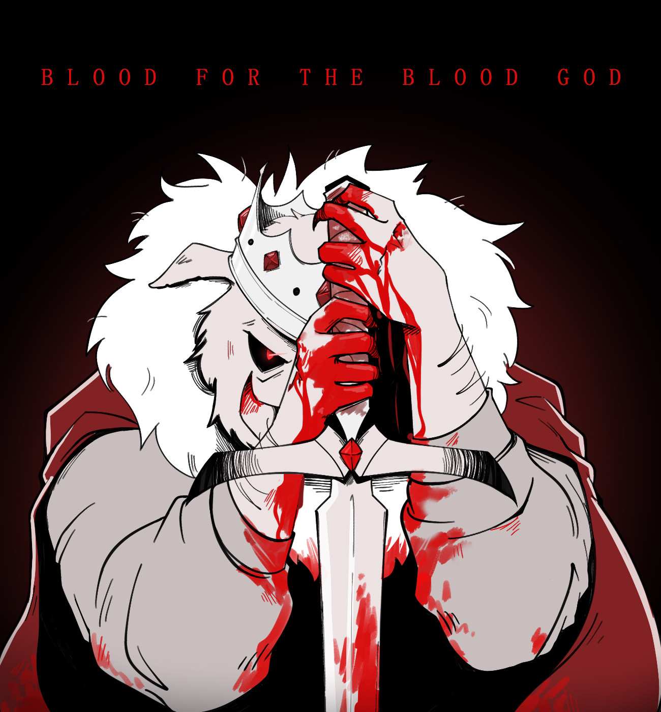 Boar Technoblade leans on a bloody sword with bloody hands while staring straight forward with “blood for the blood god” written in red above his head. 2024 version. 