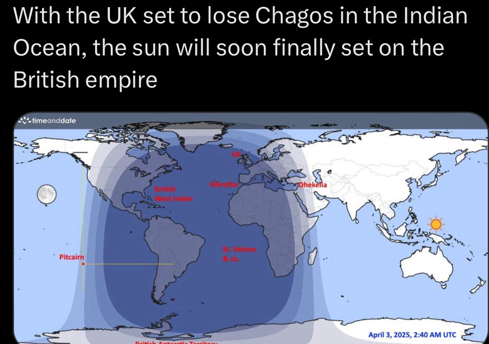 The sun is setting on the British empire... finally! map showing limits of british empire and loss of Chagos in Indian ocean.