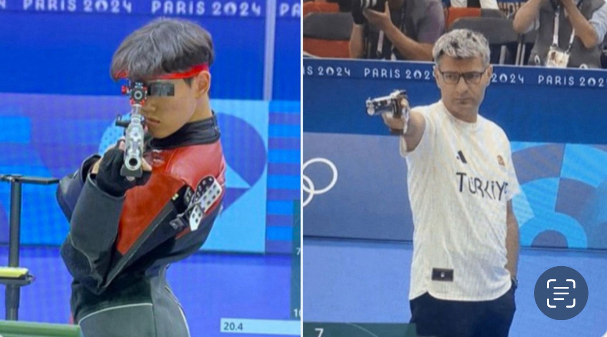 left image of dapper looking marksman at Olympics, right image of Turkish marksman all outta fucks