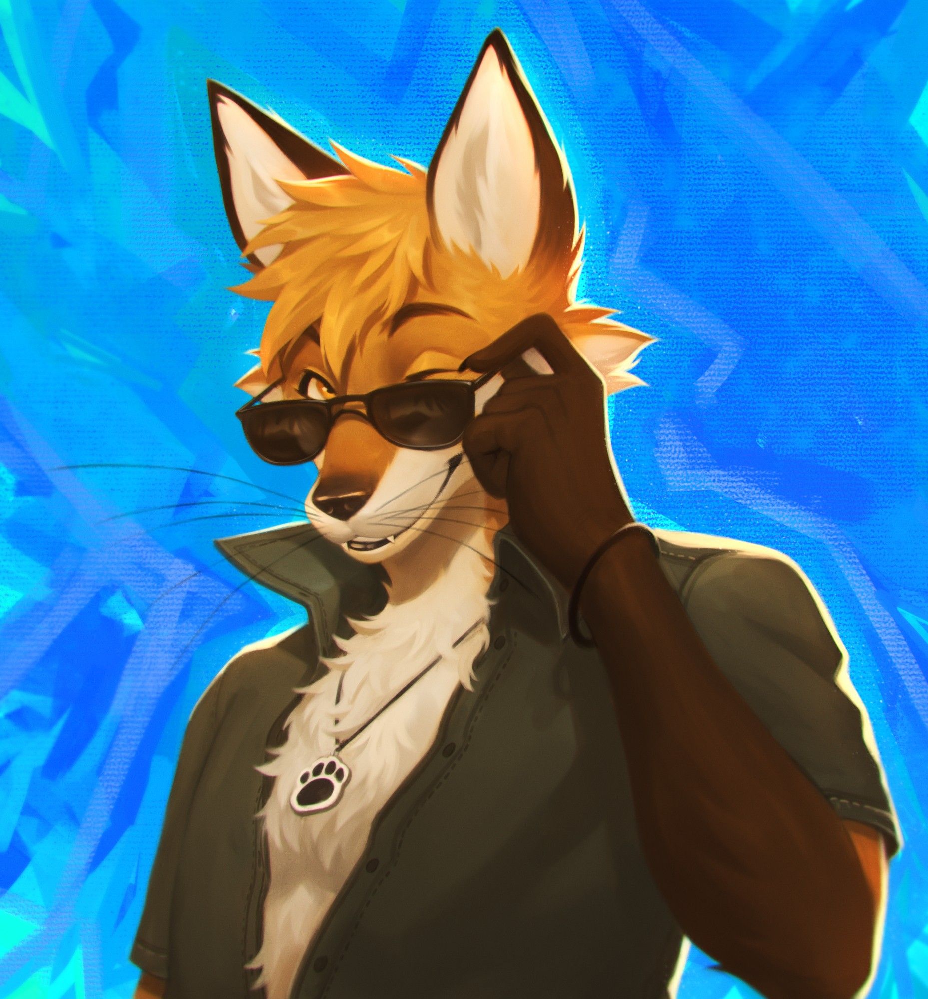 Confident fox looking from up the sunglasses