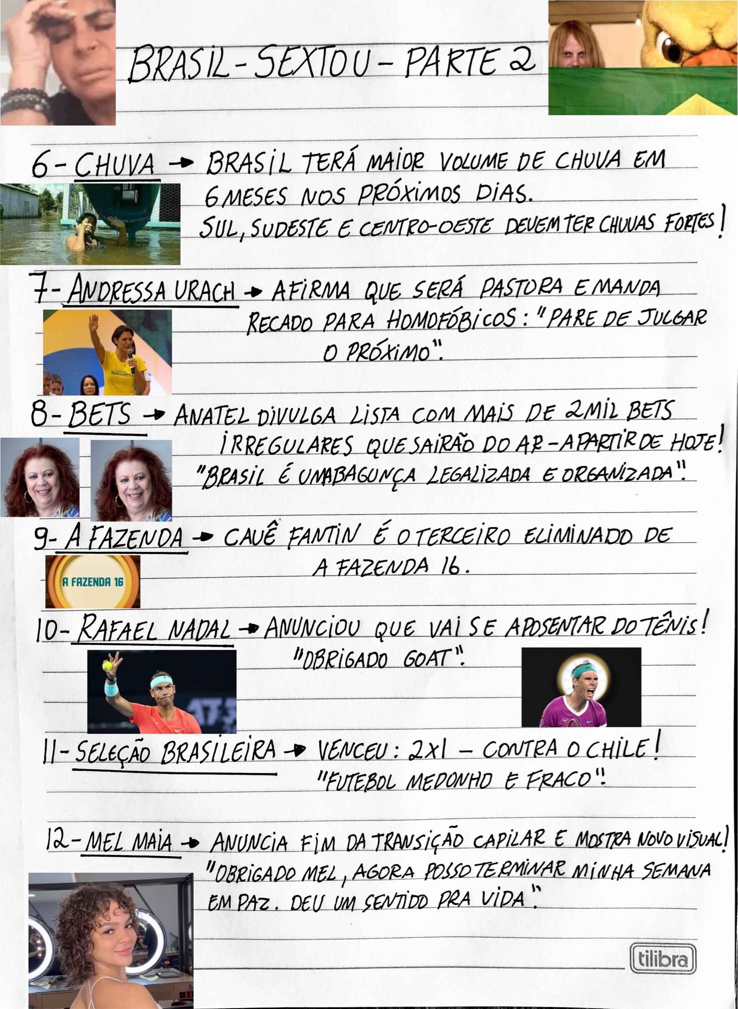 Parte 2 - Trending Topics 

6. Chuva - Brasil terá chuva pra 6 meses nos próximos dias. Afetando mais: Sudeste, Sul e centro-oeste 

7. Andressa Urach - Disse que vai ser pastora um dia e se diz contra a homofobia!

8. Bets - Anatel divulga lista com mais de 2 mil bets irregulares no Brasil. Vão sair do ar a partir de hoje as que estiverem irregulares!

9. A Fazenda - Cauê Fantin é o terceiro e limando de a fazenda 16.

10. Rafael Nadal - Tenista anunciou aposentadoria das quadras de tênis.

11. Seleção brasileira - Venceu 2 x 1 o Chile, jogo feio e medonho. 

12. Mel Maia - fez transição capilar. Uau, que grande notícia!