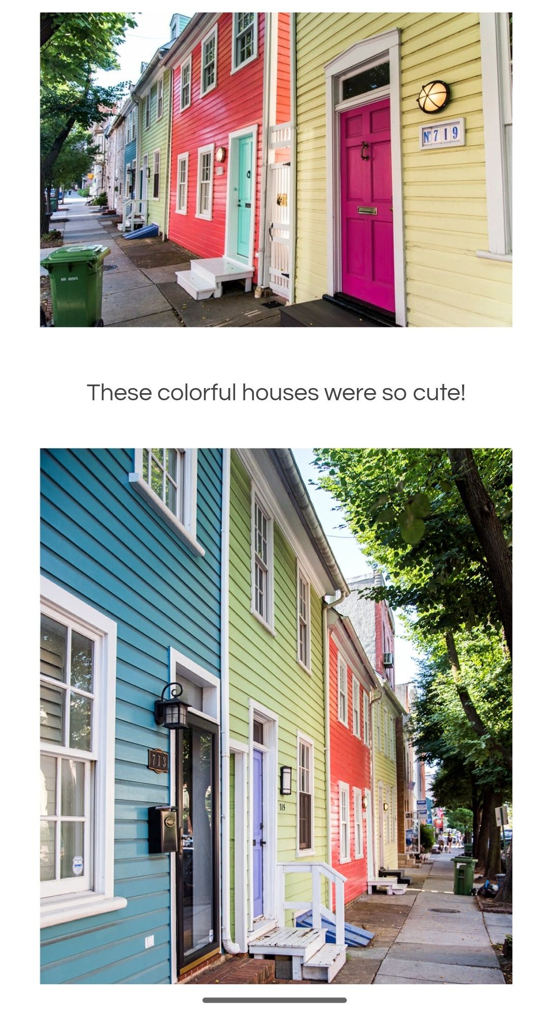 Street of houses in Fells Point, Baltimore painted bright colours with caption 'they look so cute'