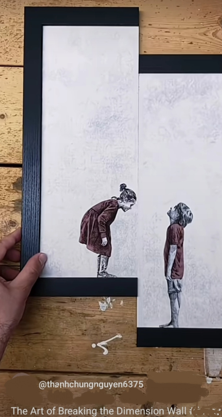 A girl bends down from a stoop looking at the ground as a boy facing her looks up at something overhead. 