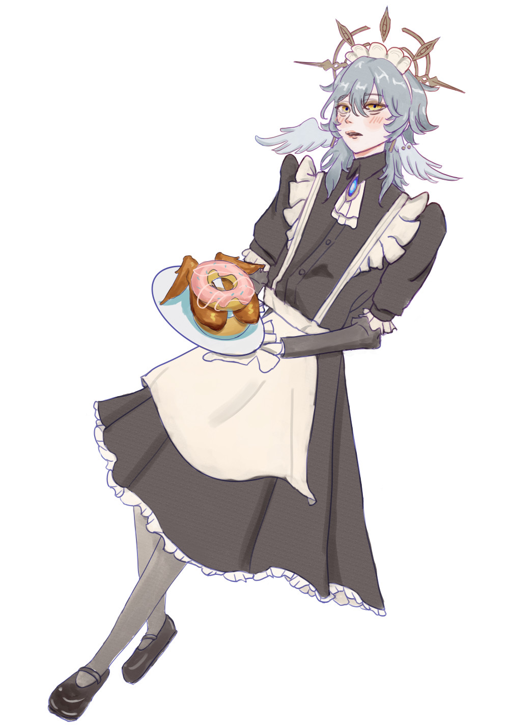 Sunday from HSR holding a halovian winged burger, blushing while in a maid outfit