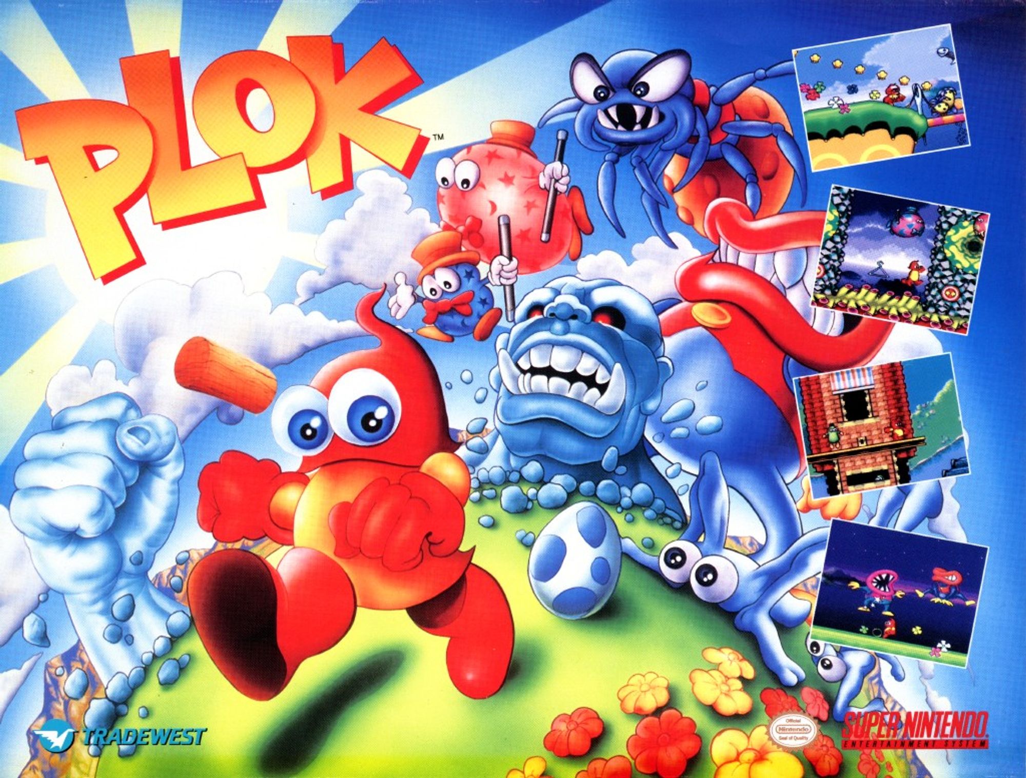 A promotional flyer for Plok on the SNES featuring the original painted artwork by Chris Jojo that we intended to be the game's cover art, but which the publisher didn't use.