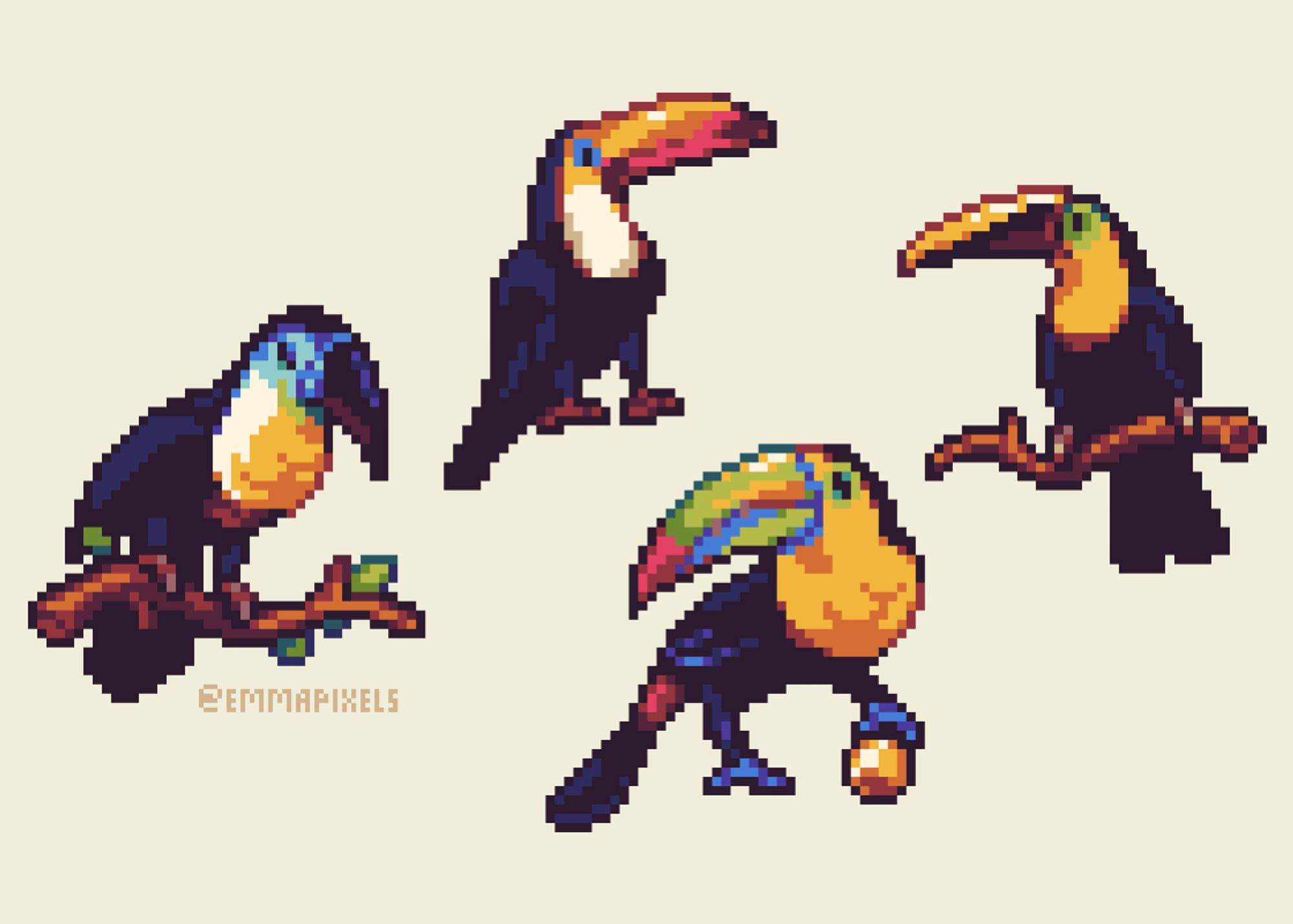 four pixel art toucans, on a beige background