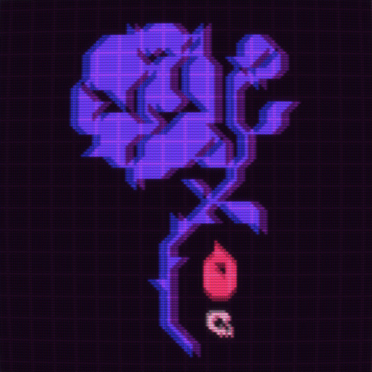 pixel art image of a rose with a drop of blood, processed via a CRT filter