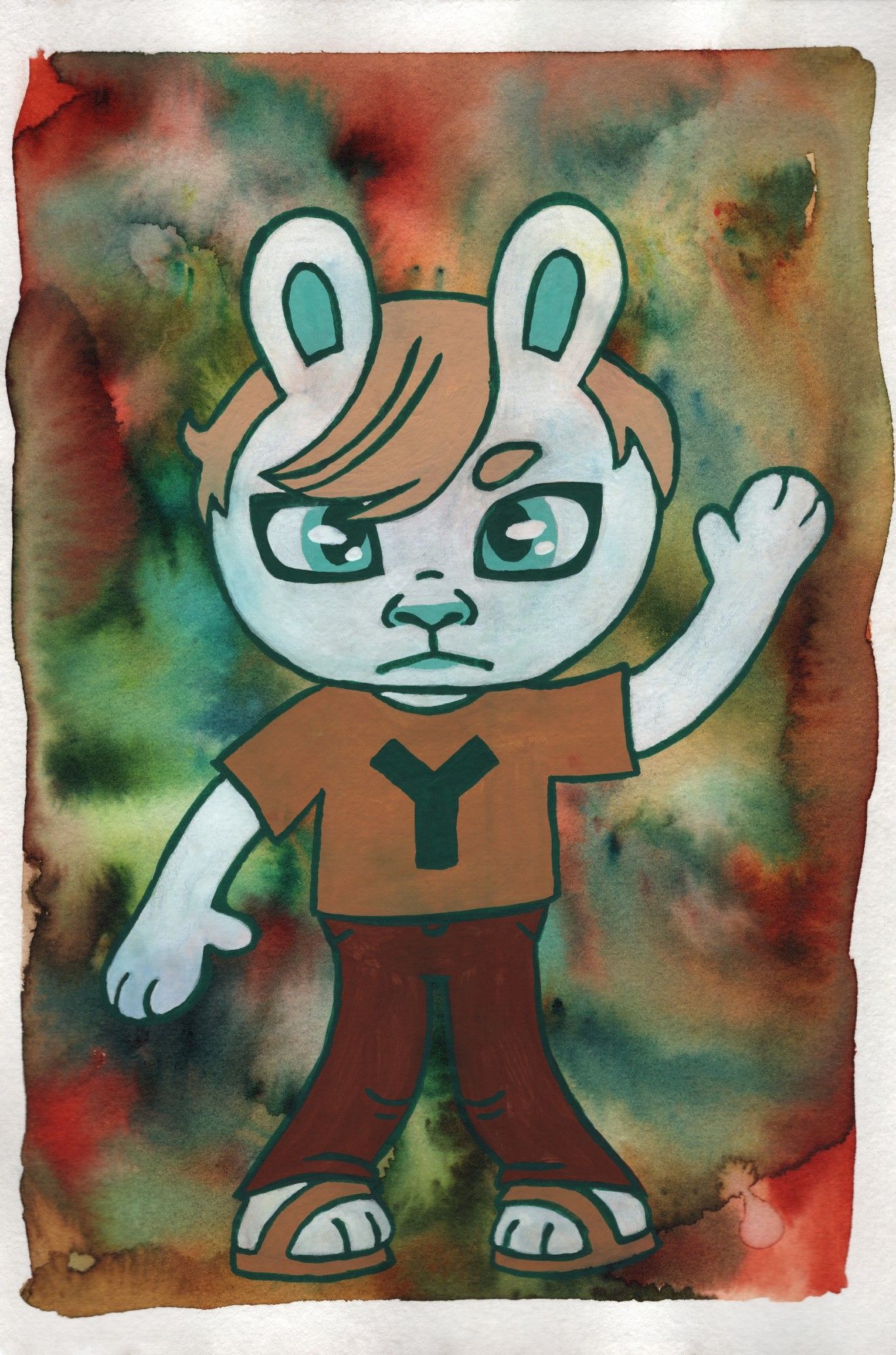 a drawing of an anthro rabbit. the rabbit has white fur, tan-coloured hair, a turquoise nose, and turquoise eyes. they are wearing an ochre-coloured t-shirt with a "Y" logo, brown pants, and leather sandals. they are standing in front of a rusty acid-wash backdrop. the rabbit has their left hand raised in a wave. they are looking at you with a neutral expression. (traditional media: acrylic marker and ink on paper.)