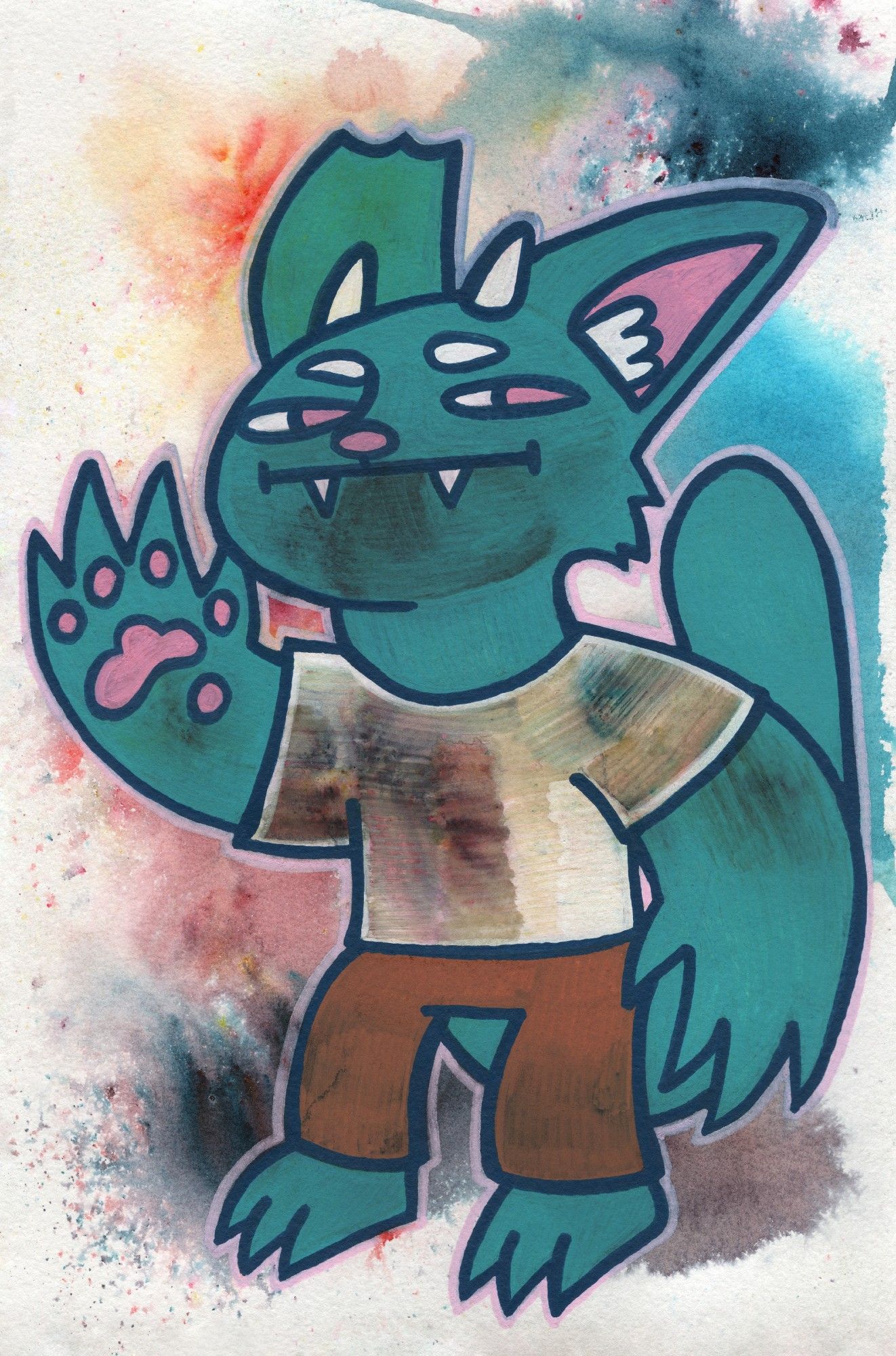 a drawing of an anthro cat demon. the cat has blue fur, a pink nose, pink eyes, and small white horns. he has thick arms, large claws, and a long tail. his right ear (which is turned away) appears to have had the end bitten off of it. he is wearing a stained white t-shirt and brown pants. in the background there are explosions of colour. the cat has his right hand raised in a wave. he is looking off to his left with a shifty expression. (traditional media: acrylic marker and ink on paper.)