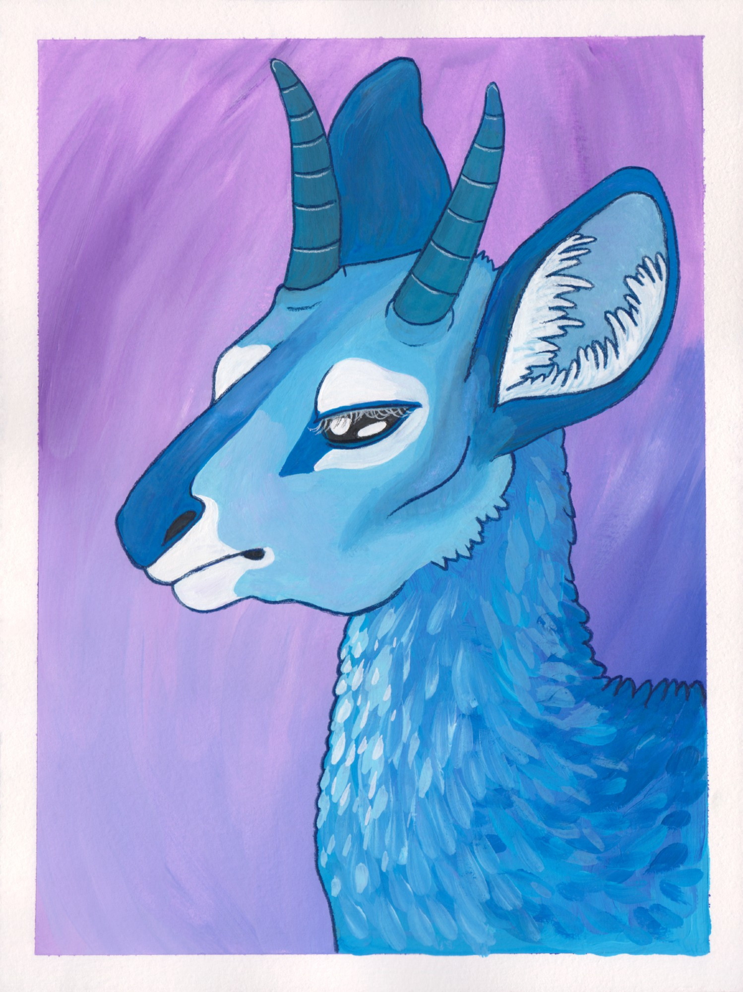 a painting of a klipspringer. the klipspringer has blue and white fur, blue horns, and large black eyes. in the background there is a hazy blur of purple hues. it's a portrait shot. the klipspringer is gazing off to the left with a calm expression. (traditional media: gouache and coloured pencil on paper.)