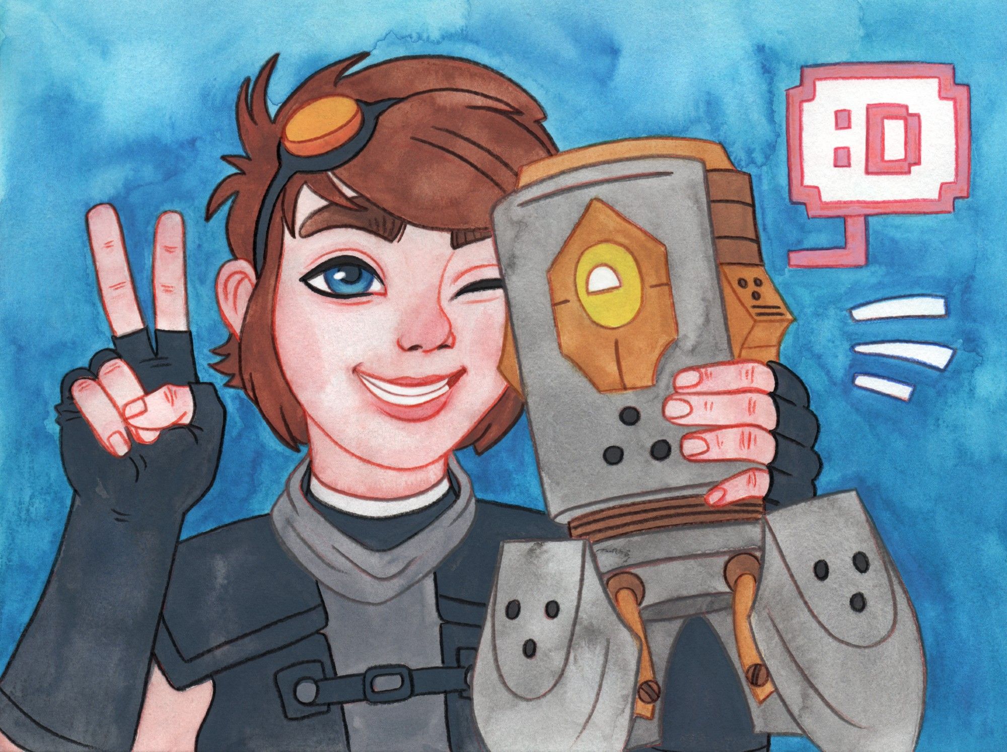 a drawing of a person hugging a small robot. the person is named Kyara Stormsen. she has brown hair, blue eyes, and light skin. she's wearing a grey top and scarf, black armour, and orange goggles. Kyara is hugging a small robot to her left cheek, and making a peace sign with her right hand. the robot is named Blip. he is canister-shaped, with four legs and a single yellow eye. Blip is communicating with an ascii happy-face emoticon. Kyara and Blip are frenemies, but they seem to be getting along for now at least. (traditional media: mixed media on paper.)