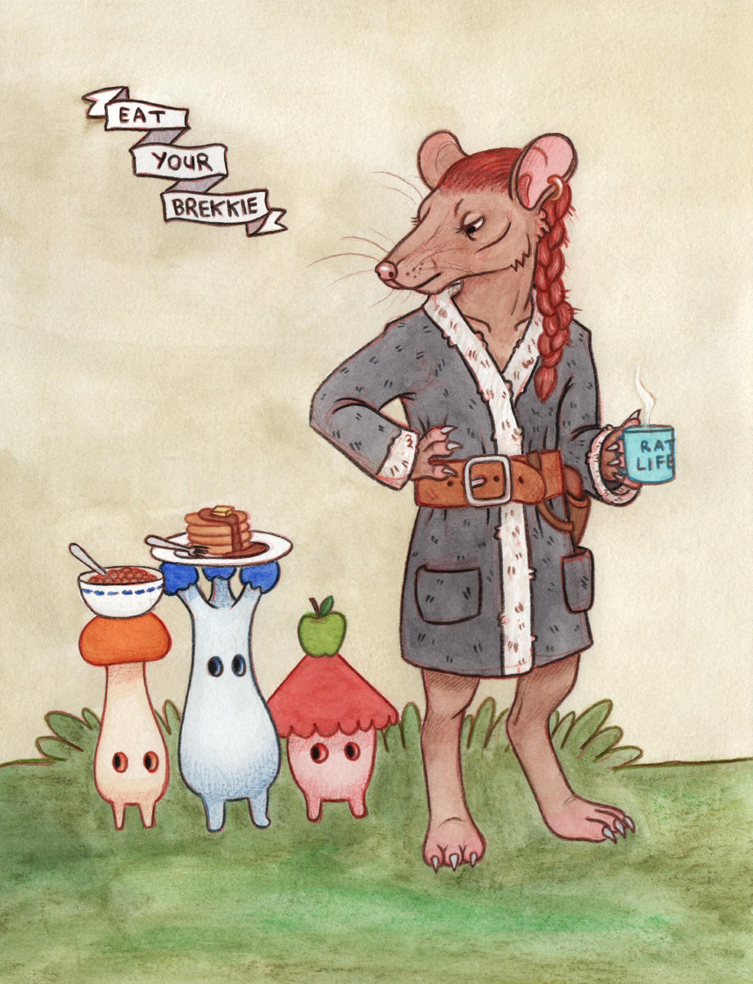 a drawing of a rat named Chack. the rat has light brown fur, long red hair in a braid, and black eyes. she is wearing a fluffy black bathrobe with white trim, a wide leather belt, and a holster with a gun inside. she's holding a mug of coffee. following behind the rat are three mushroom people. the mushrooms have breakfast foods balanced on their head: the orange mushroom has a bowl of cereal; the blue mushroom has a plate of pancakes; the red mushroom has a green apple. the rat has her right hand on her hip and is looking back at the mushrooms with a weary expression. there is a banner which reads: "eat your brekkie"! (traditional media: watercolour on paper.)