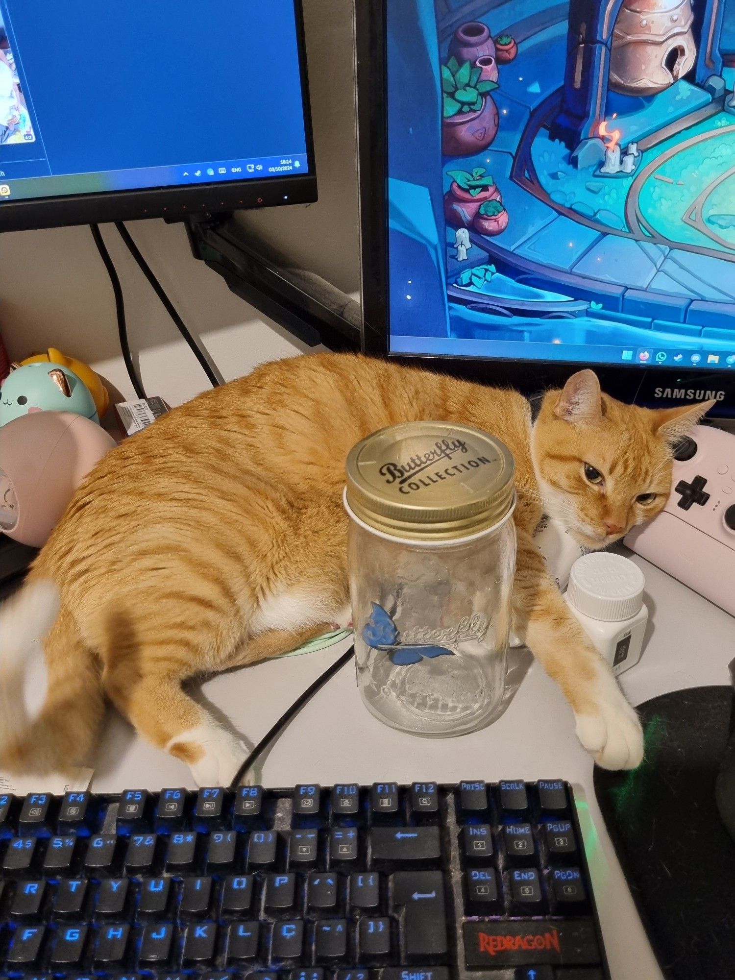 An orange tabby cat taking weird pace in a table.