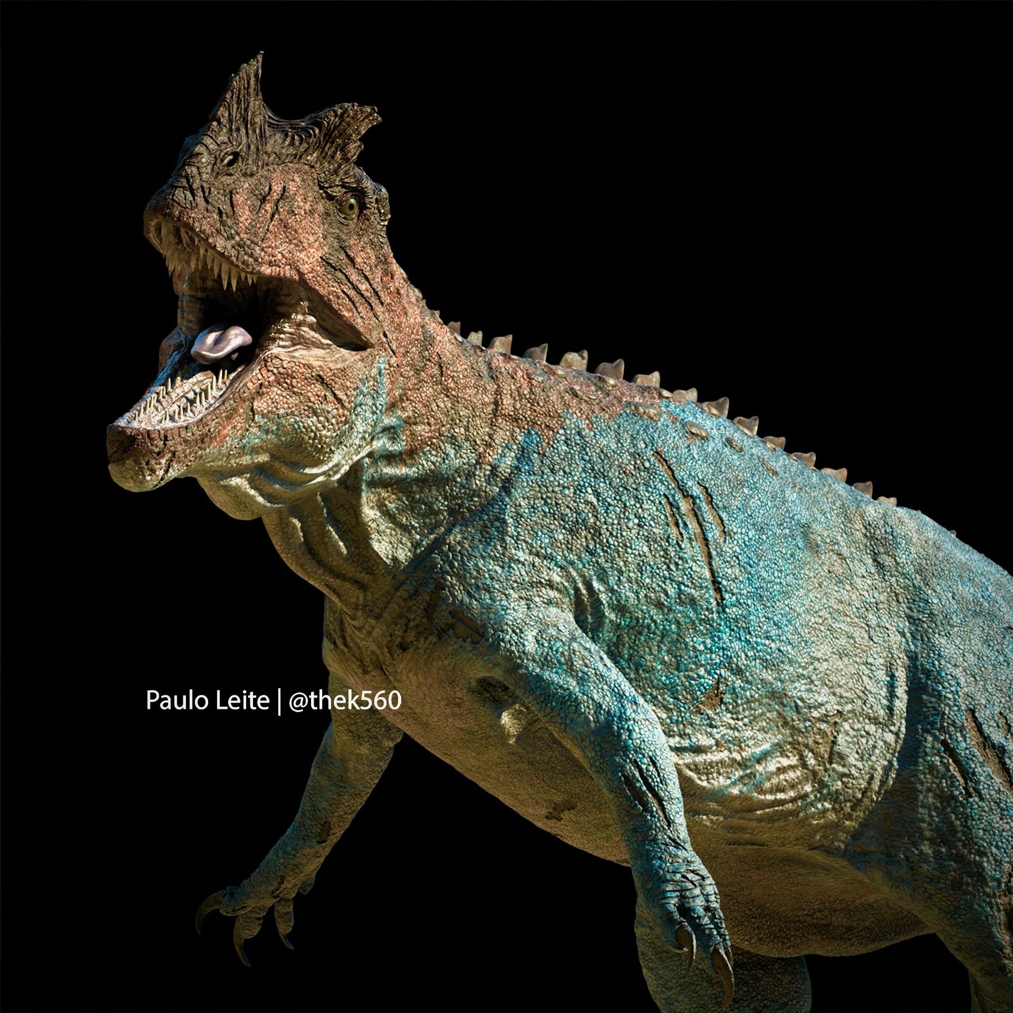 3D render of a Ceratosaurus. The dinosaur is mostly blue with a orange head.