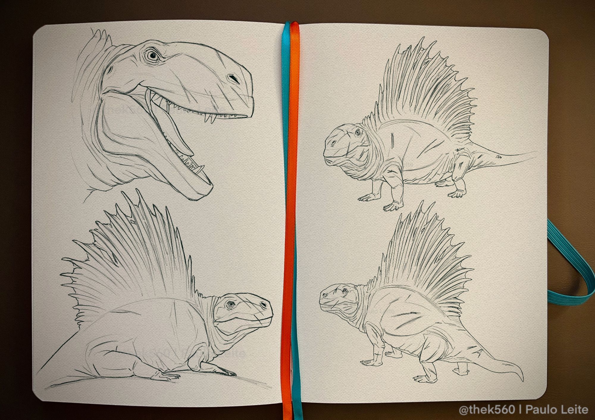 5 digital sketches of a dimetrodon overlaid on a photo of a sketchbook