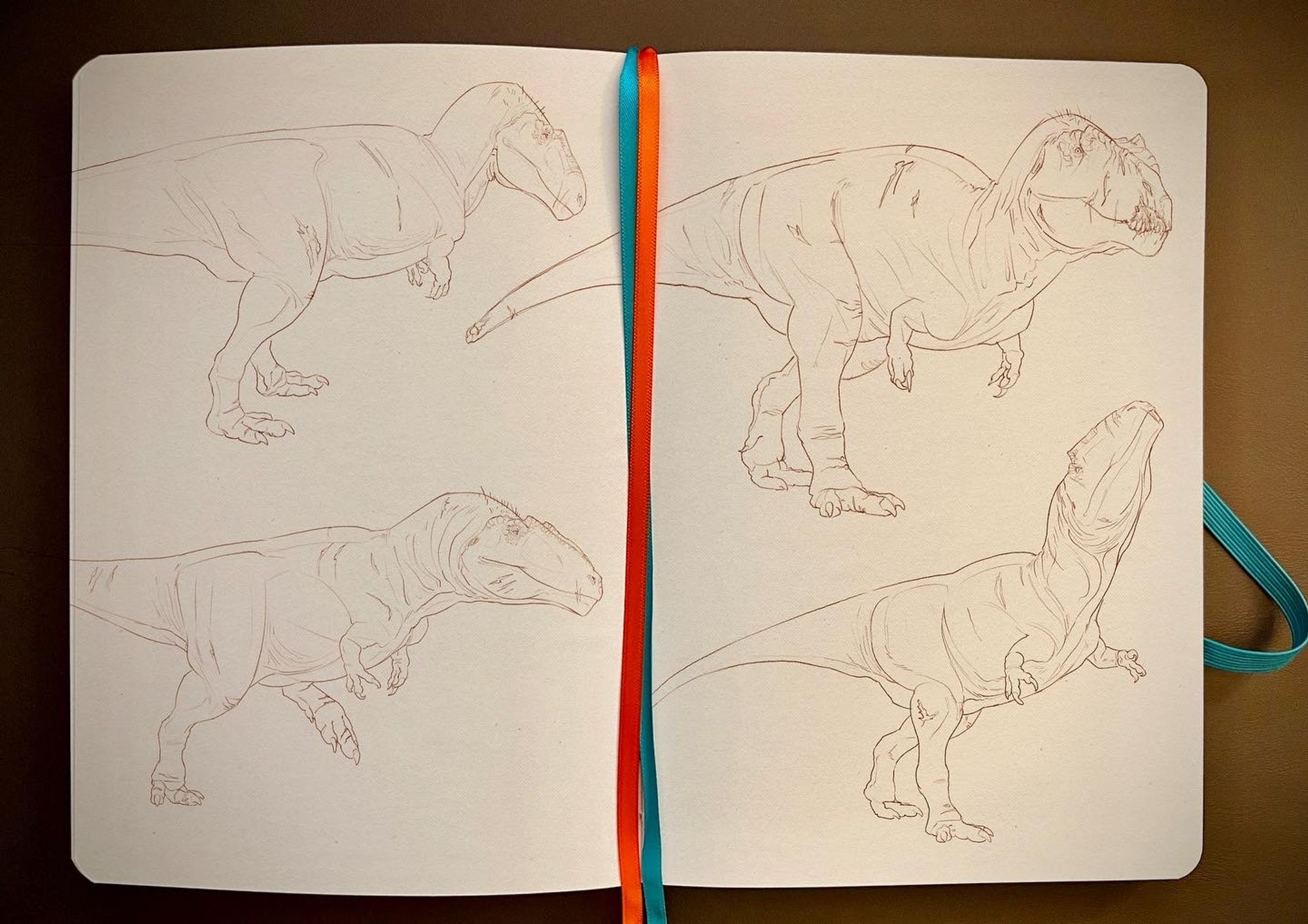 4 digital sketches of a giganotosaurus overlaid on a picture of a sketchbook