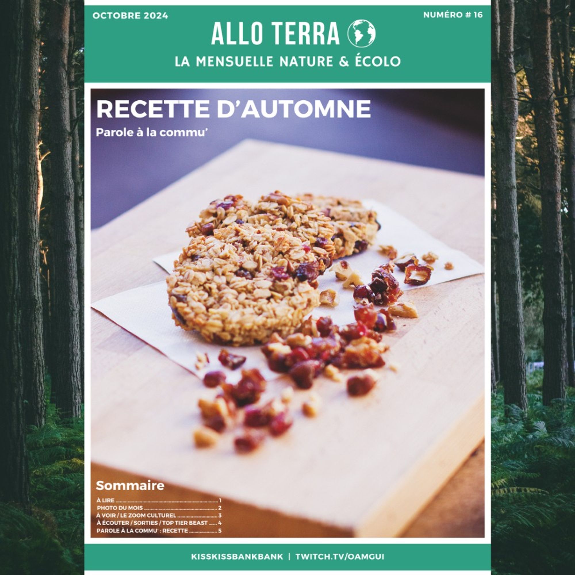 Couverture du magazine "Allo Terra" d'octobre 2024, numéro 16, consacré à la nature et à l'écologie. L'image principale présente des biscuits granola maison garnis de fruits secs sur une planche en bois, accompagnée du titre "Recette d'Automne".

En bas de la couverture, un sommaire liste les différentes sections du magazine : "À Lire," "Photo du Mois," "À Voir / Le Zoom Culturel," "À Écouter / Sorties / Top Tier Beast," et "Parole à la commu' : Recette"" 

Le bas de la couverture affiche également les mentions de "KissKissBankBank" et "twitch.tv/oamgui." 

En arrière-plan, sur les bords de l'image, on distingue des troncs d'arbres.