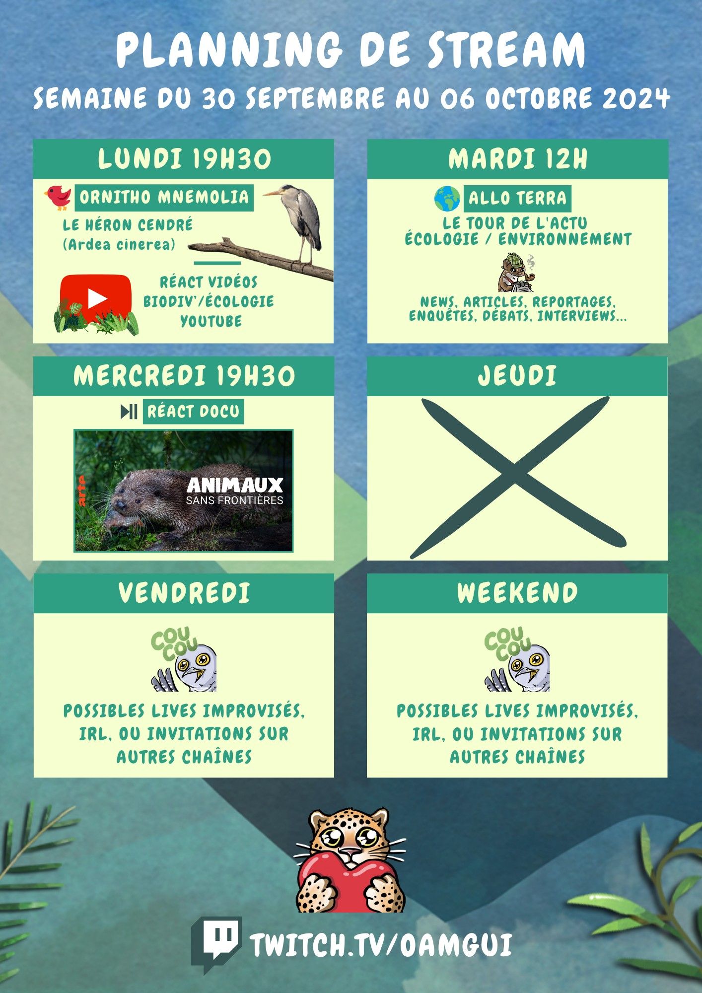 Planning des streams de la chaîne twitch de OamGui pour la semaine du 30 septembre au 06 octobre 2024. Voir le texte du post pour le détails du programme.