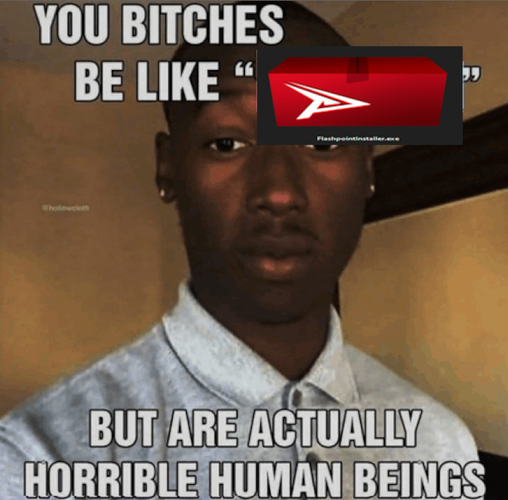 Image of a dude with the text in impact font saying "you bitches be like <screenshot of an executable computer file> flashpointinstaller.exe, But are actually horrible human beings"