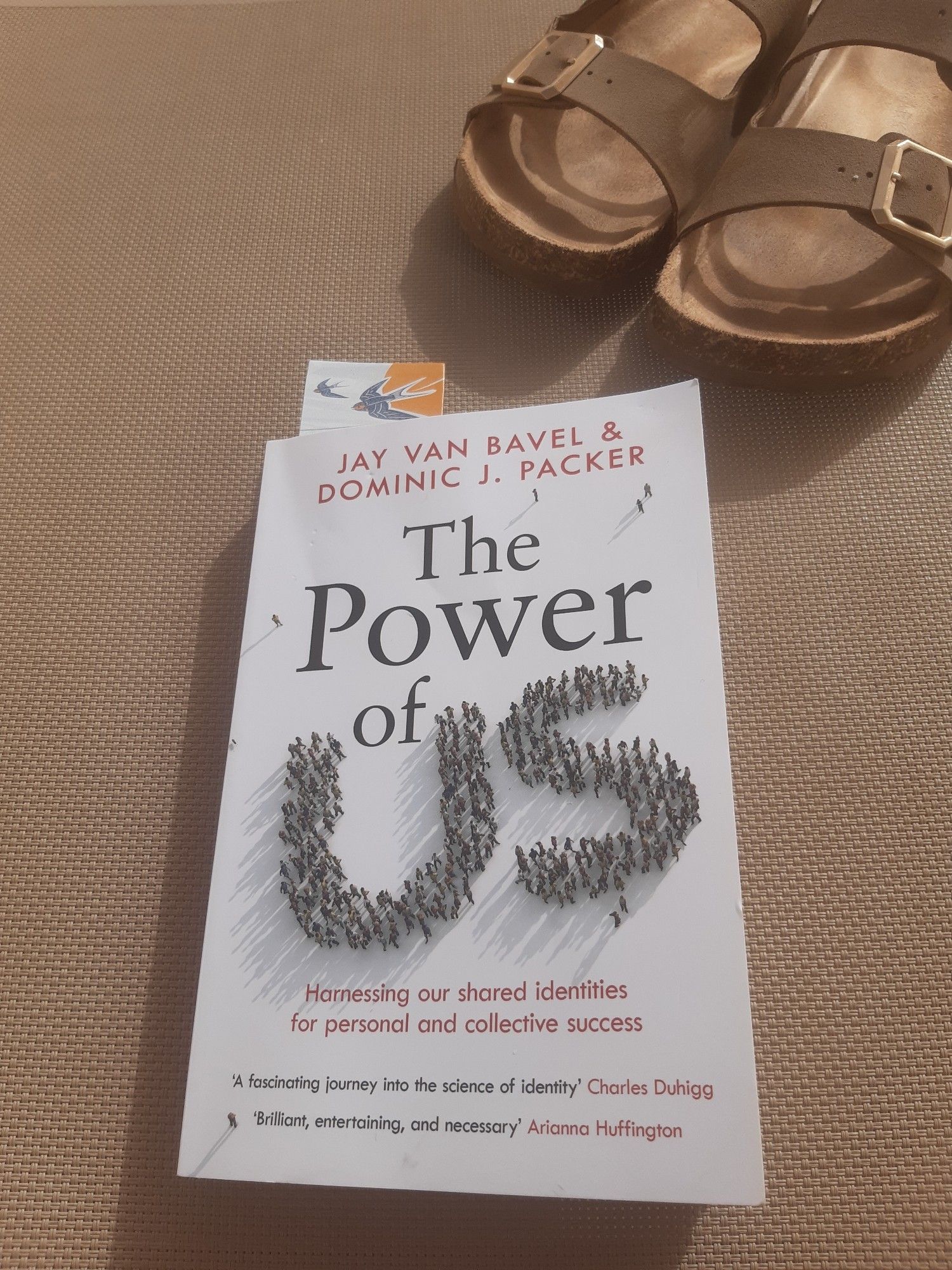 Front cover of the book The Power of Us by Jay Van Bavel and Dominic Packer. The words 'the power of' are black typeface. The word 'us' comprises people standing in the shape of a U and an S. There are two slider sandals to the right of the book.