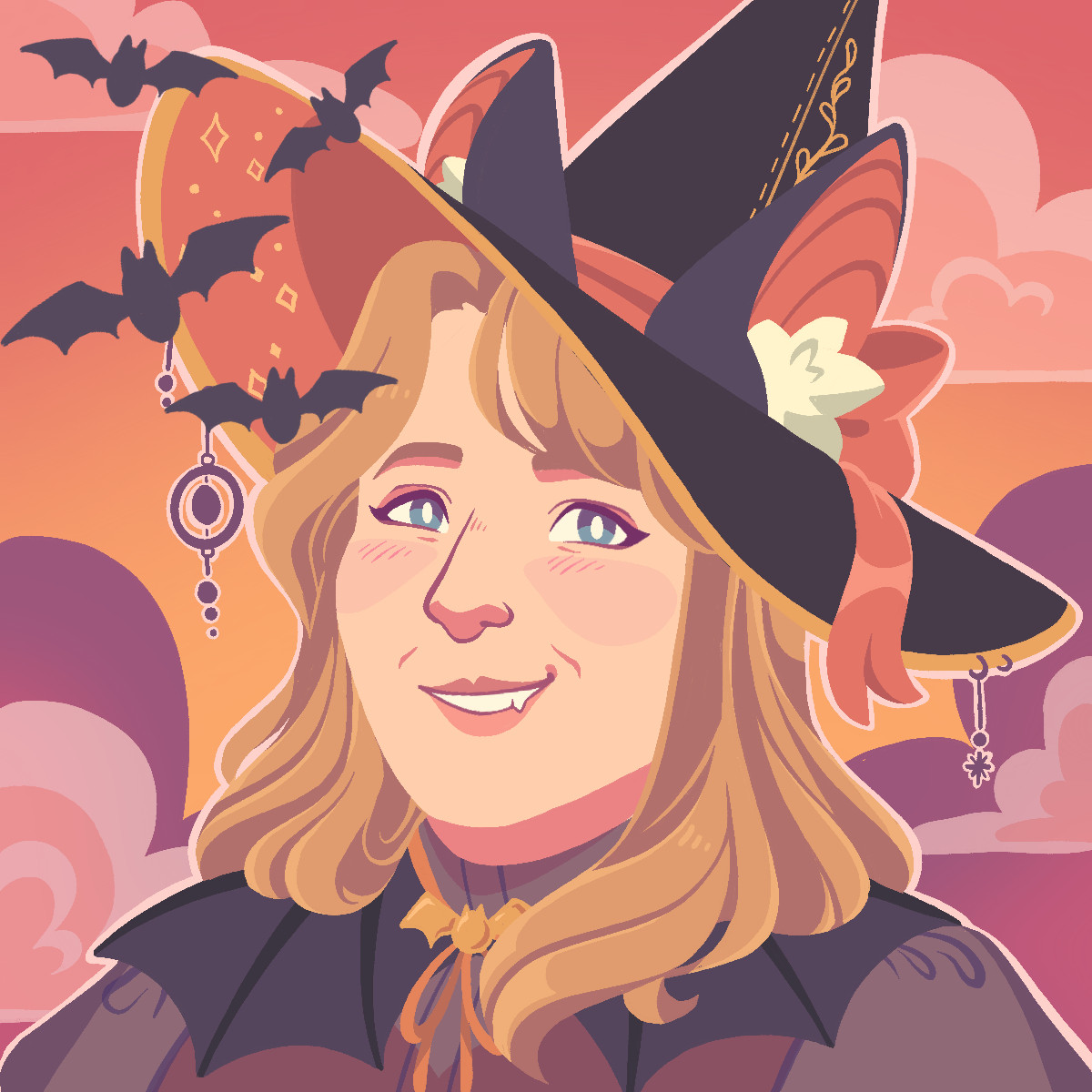 Blonde witch with bat ears and bats flying around, in a cartoony digital illustration style.