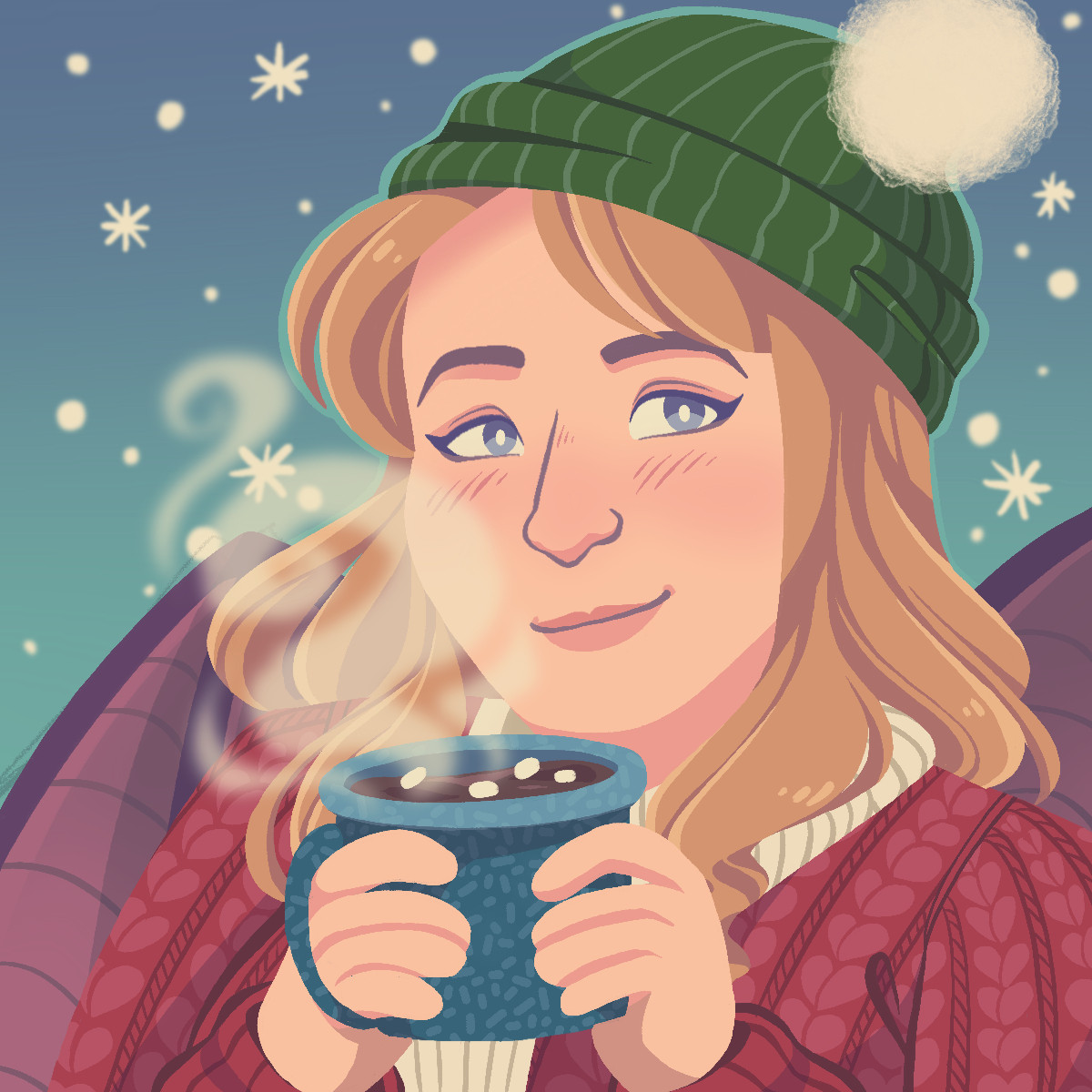 Cartoon-style portrait of a white woman with blonde hair and blue eyes, also with bat wings, wearing a sweater and hat and holding a steaming cup of cocoa.