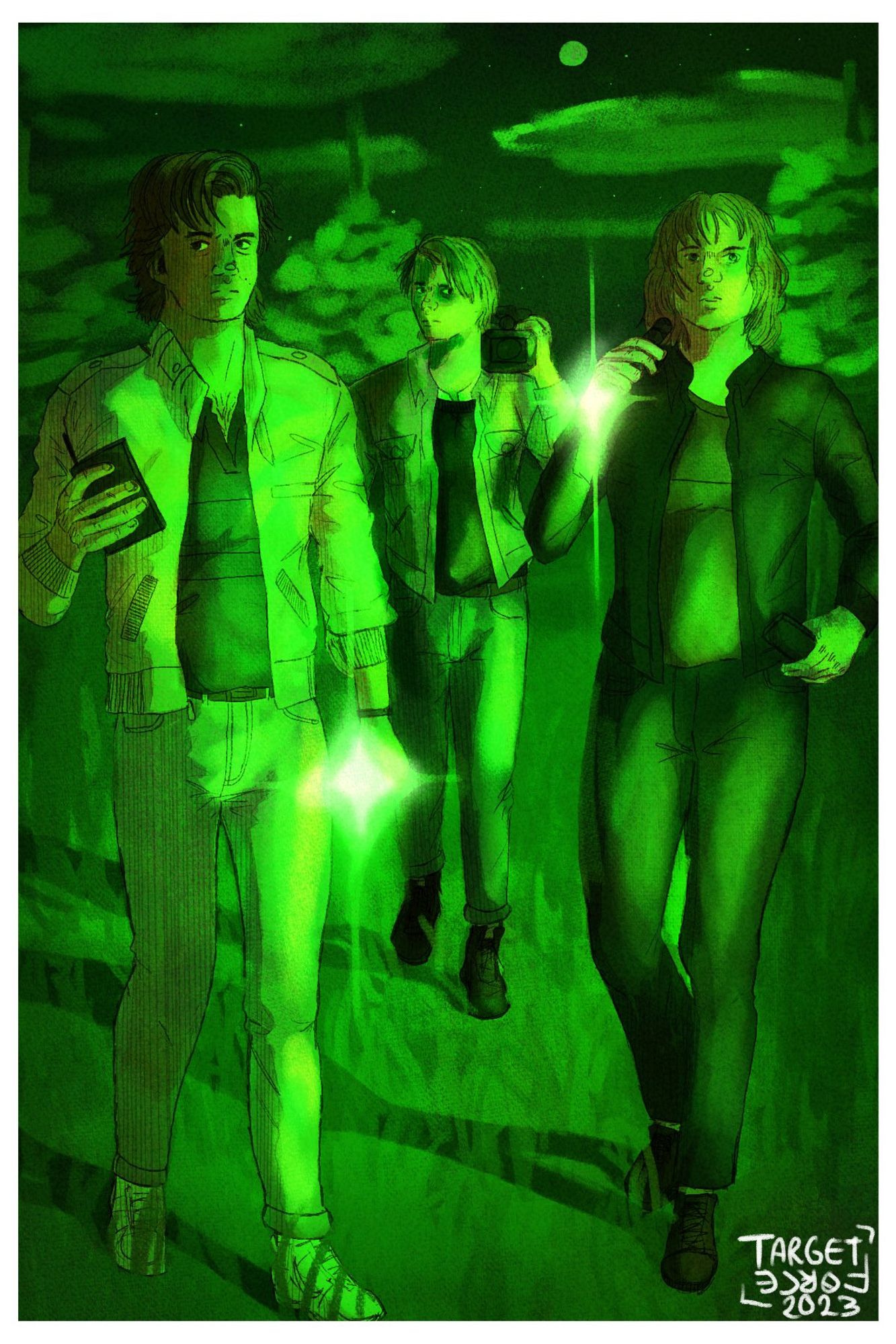 a drawing of steve harrington, robin buckley and jonathan byers from stranger things. Steve is holding a flashlight that is on and a spiritbox, robin is holding a flashlight that is on and an emf reader and jonathan is holding a camera. they are walking in a field at night and the drawing is green to simulate night vision.