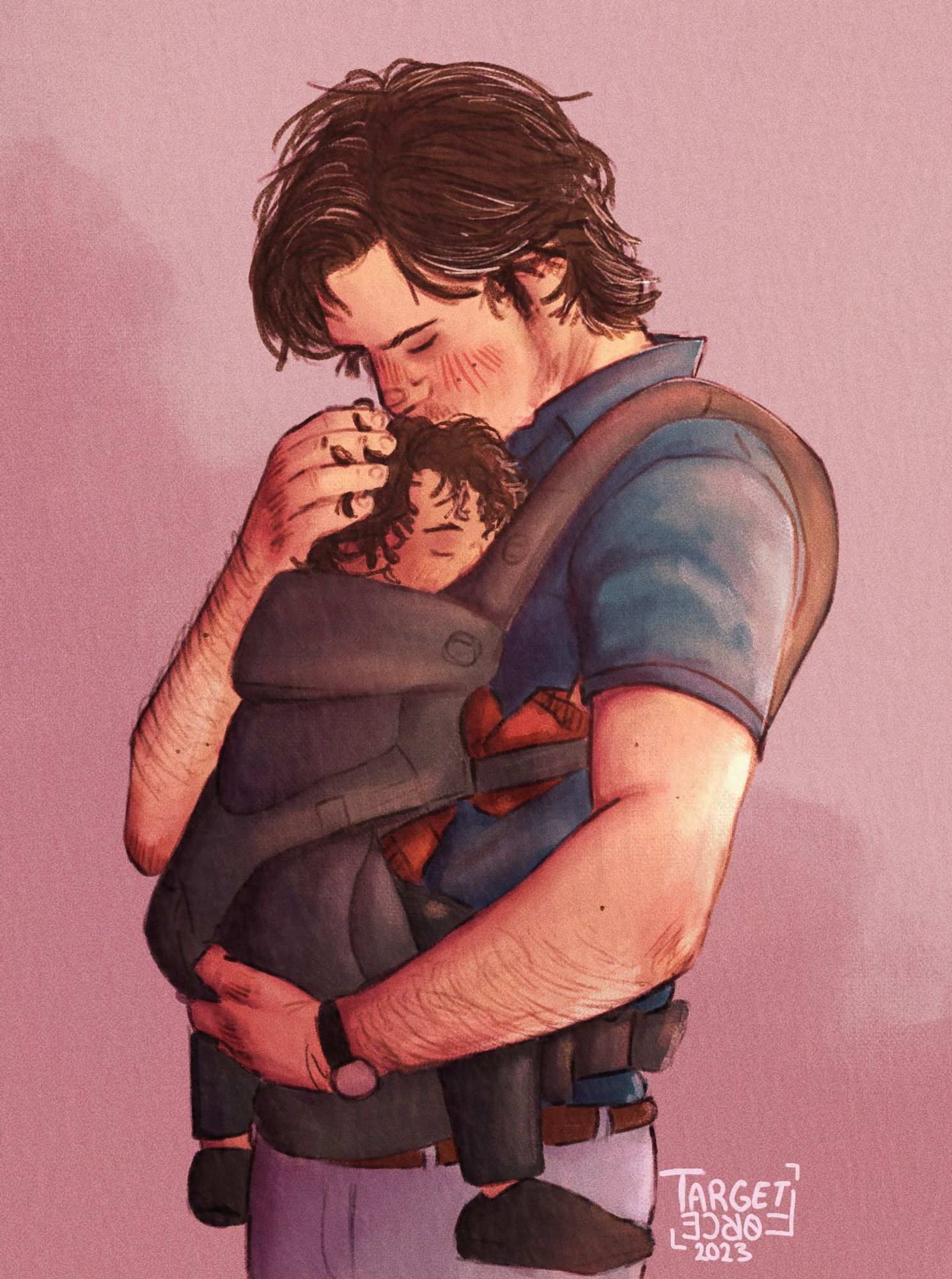 A drawing of Steve Harrington, holding a toddler to his chest, the toddler is Dustin Henderson and he's kissing the top of his head.